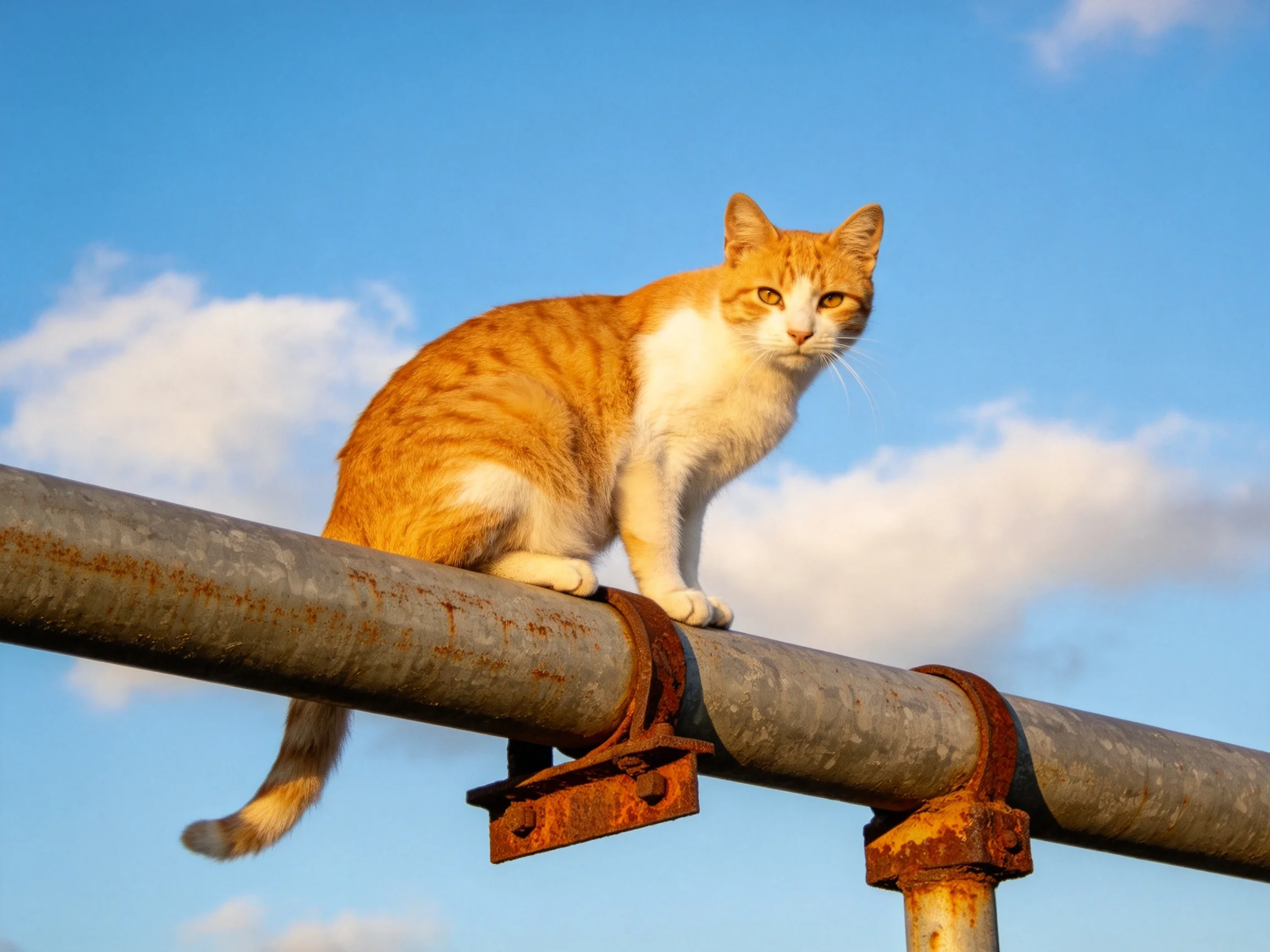 An orange and white cat sits on a rusted metal pipe beneath a clear blue sky.