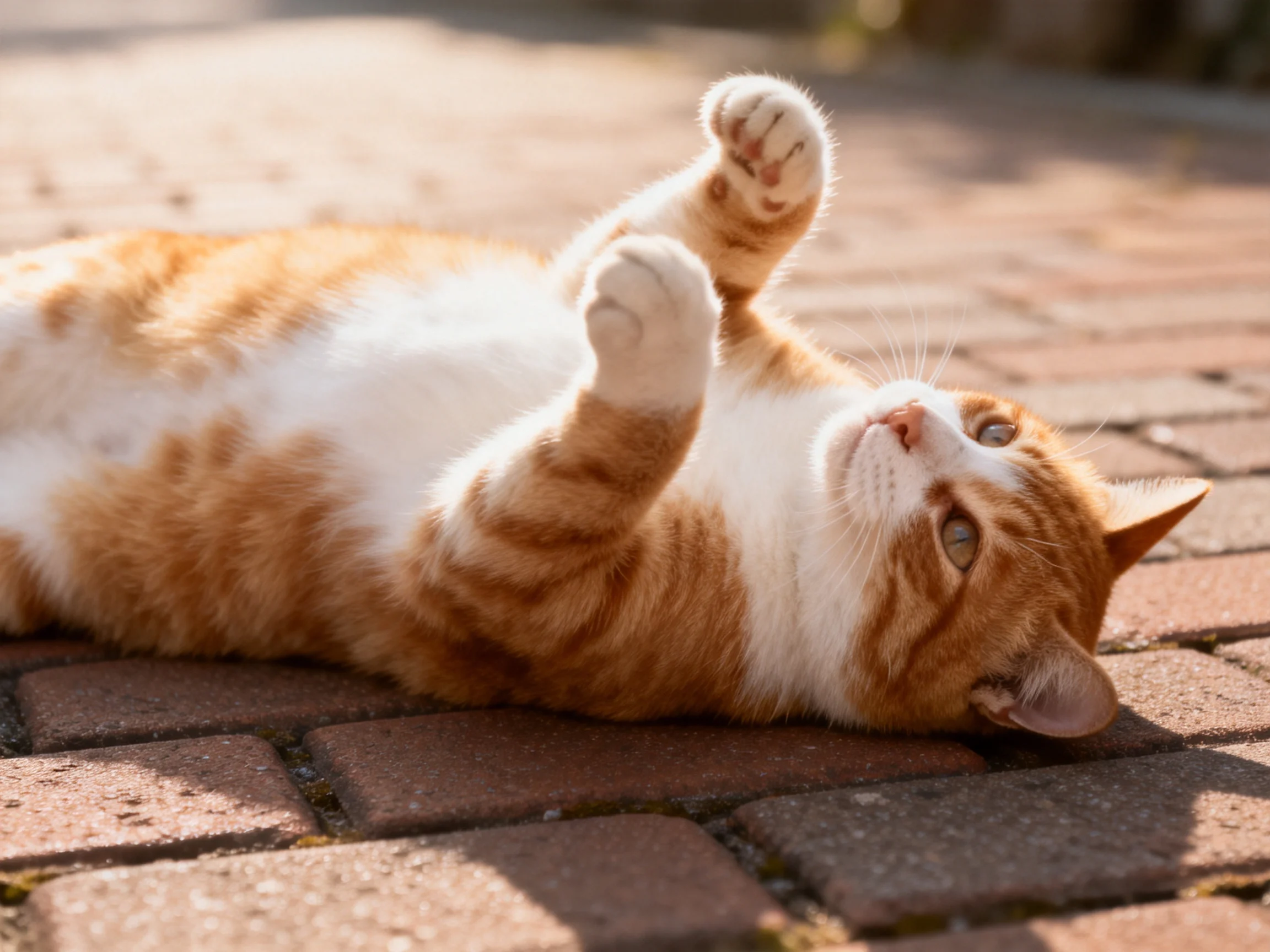 An orange and white cat playfully rolls on reddish-brown brick pavement
