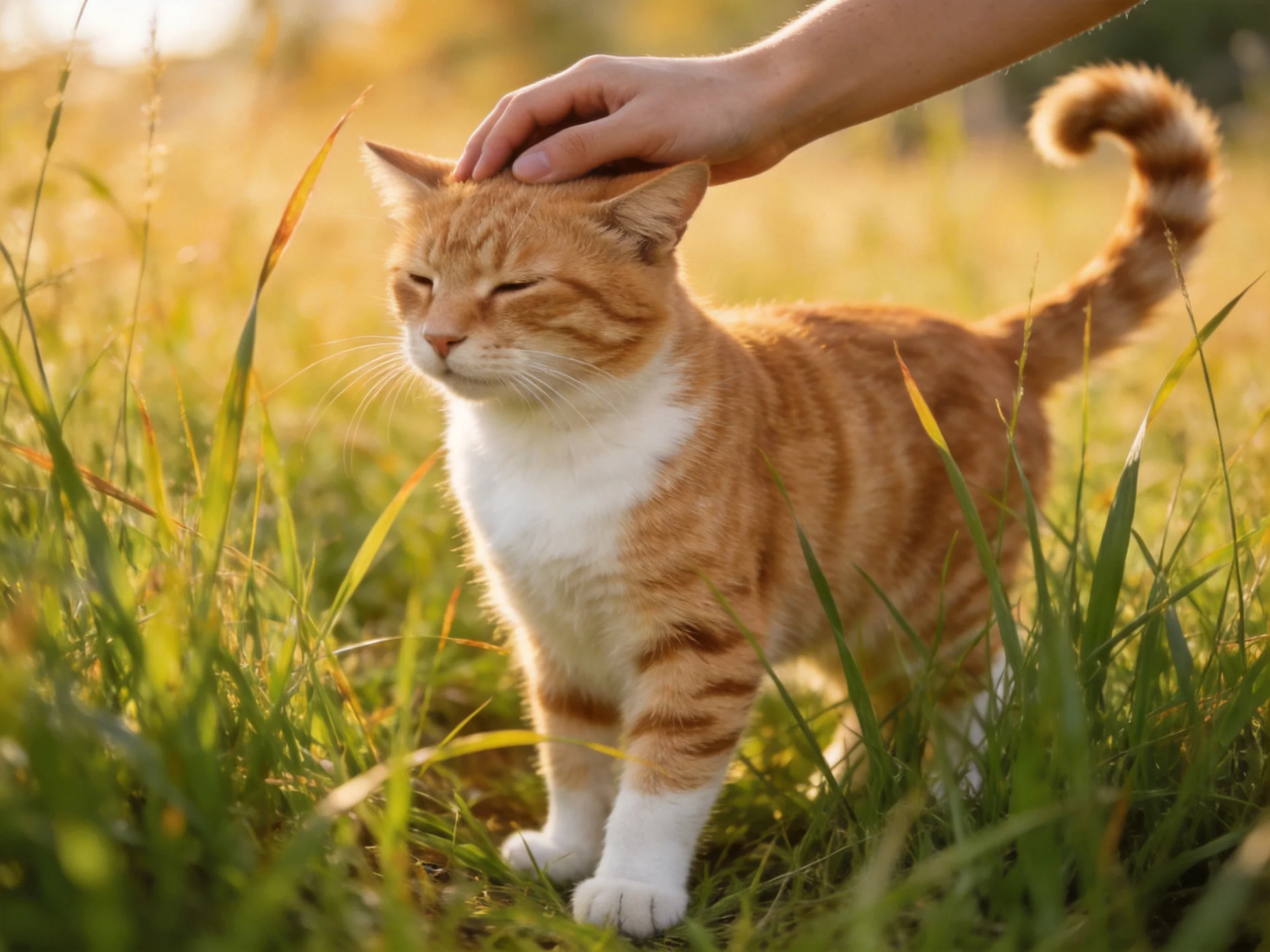 An orange and white cat receives a head scratch amid tall golden grass