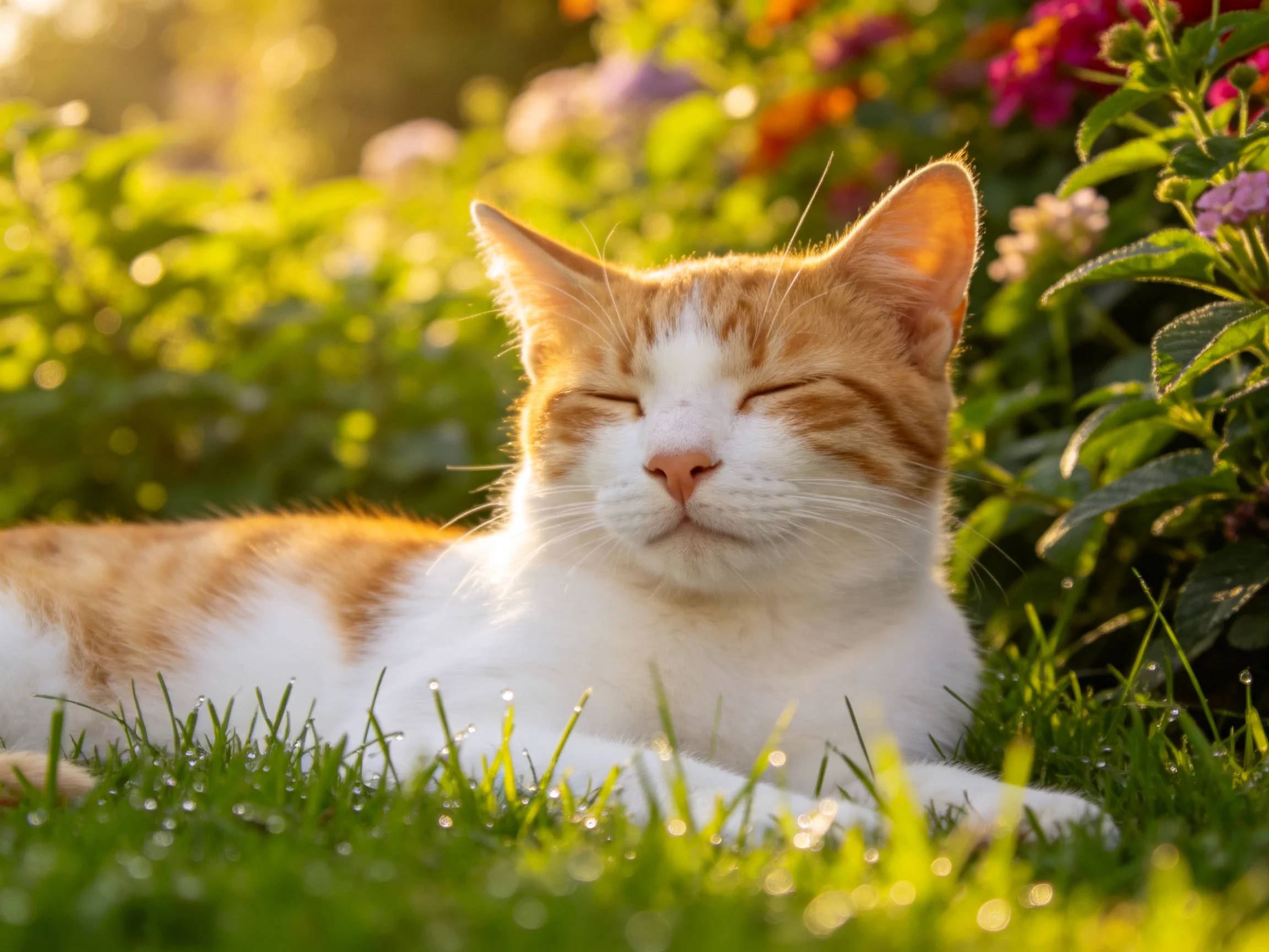 An orange-and-white cat lounges peacefully in sunlit grass with flowers around it.