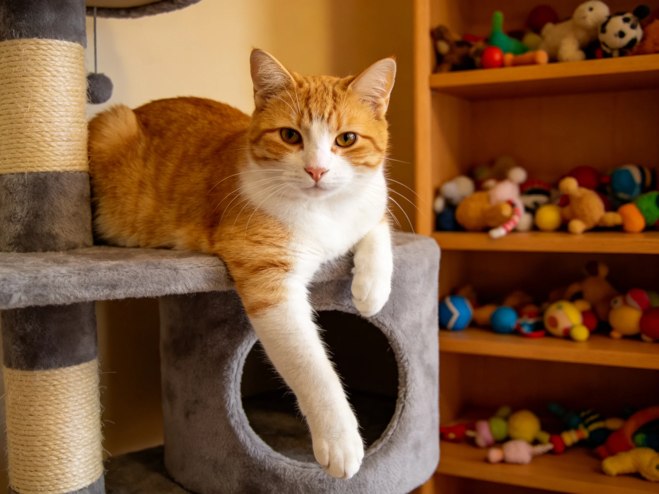 An orange and white cat rests on a gray cat tree beside shelves filled with colorful stuffed toys.