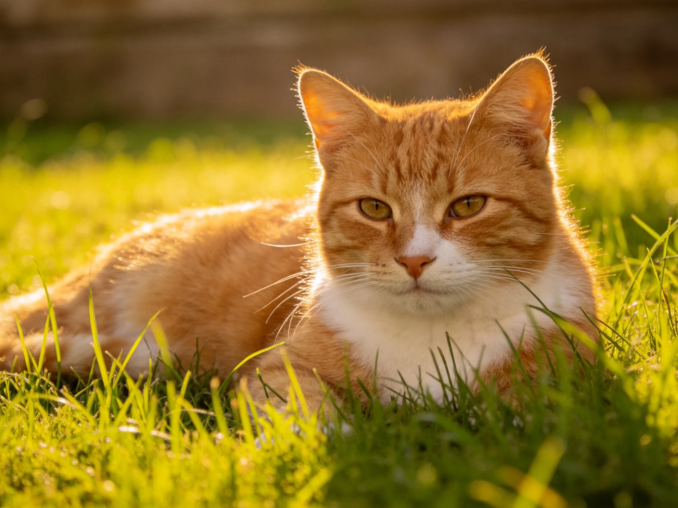 An orange and white cat relaxing in bright green grass under golden sunlight