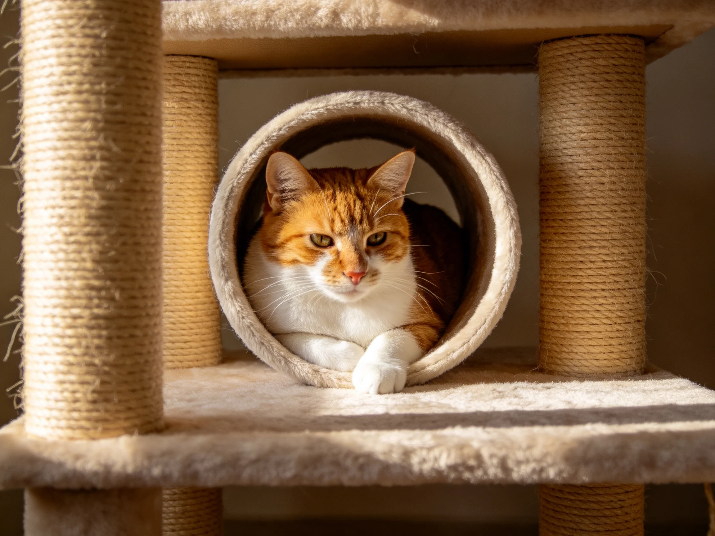 An orange and white cat rests in a tube on a plush cat tree