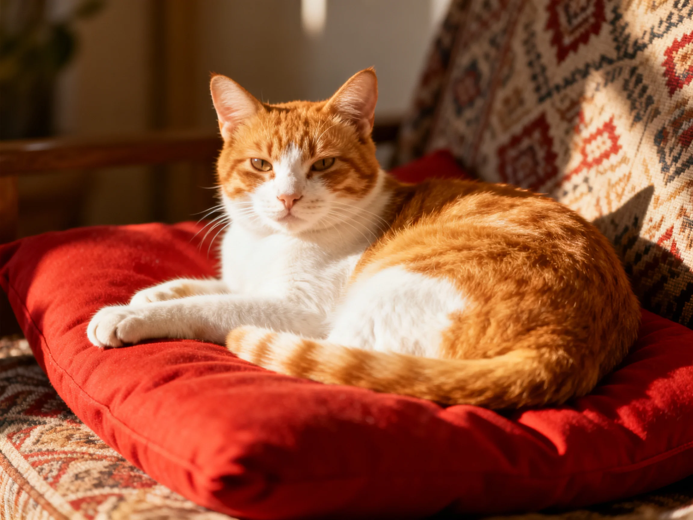An orange and white cat relaxes on a red cushion in a sunlit room.