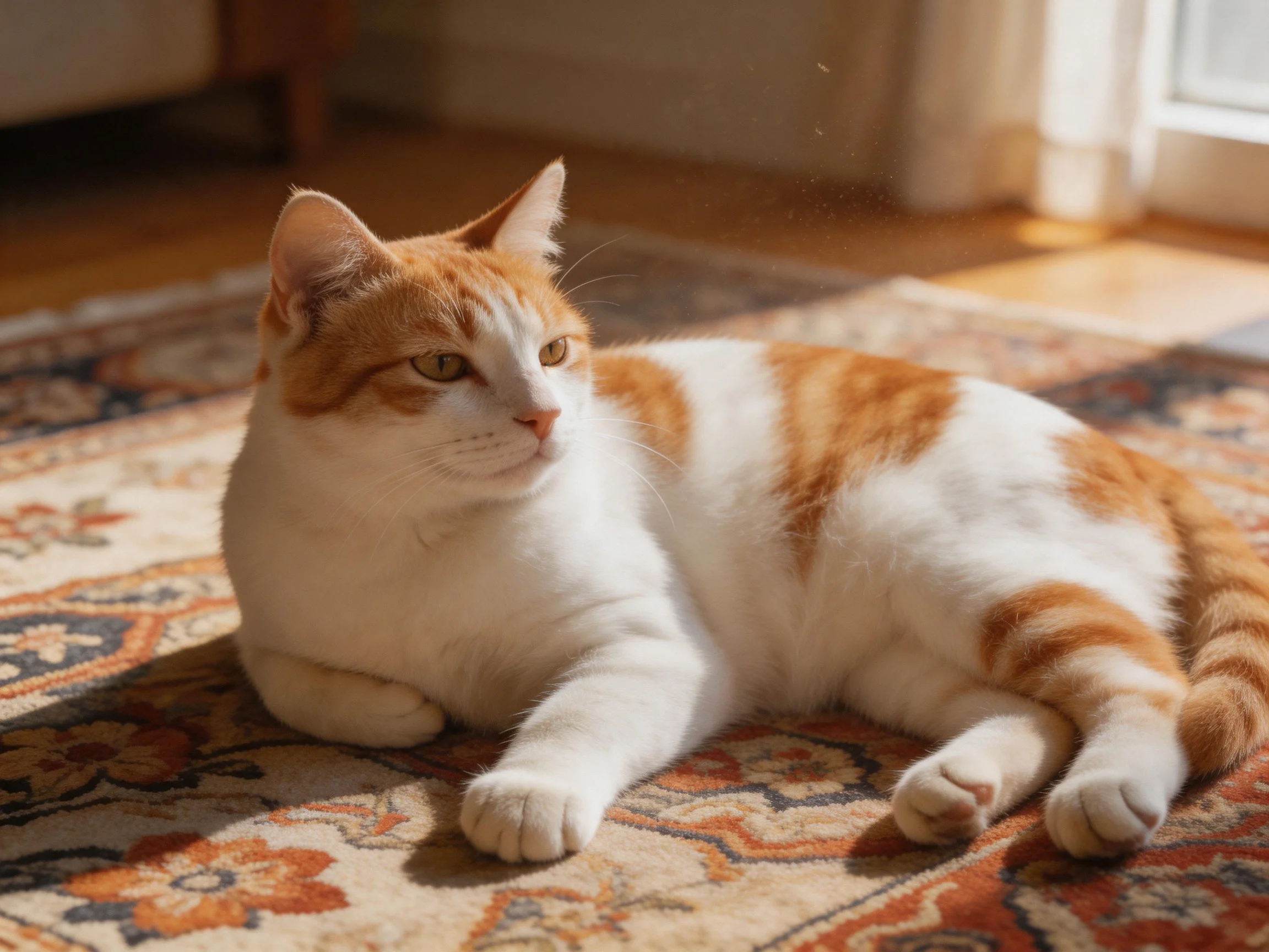 An orange and white cat relaxes on a patterned rug in a sunlit room.