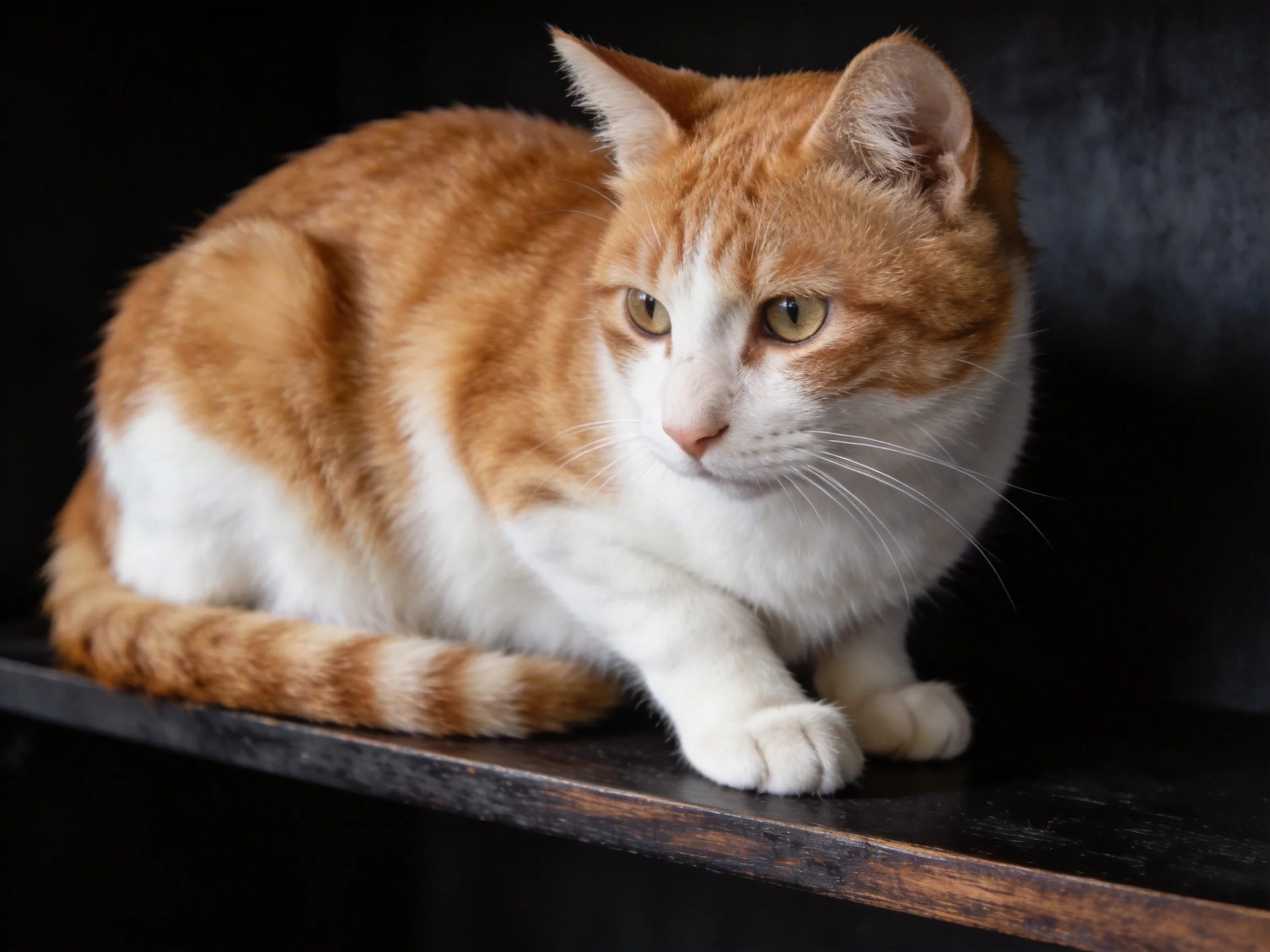 An orange and white cat rests on a dark wooden surface