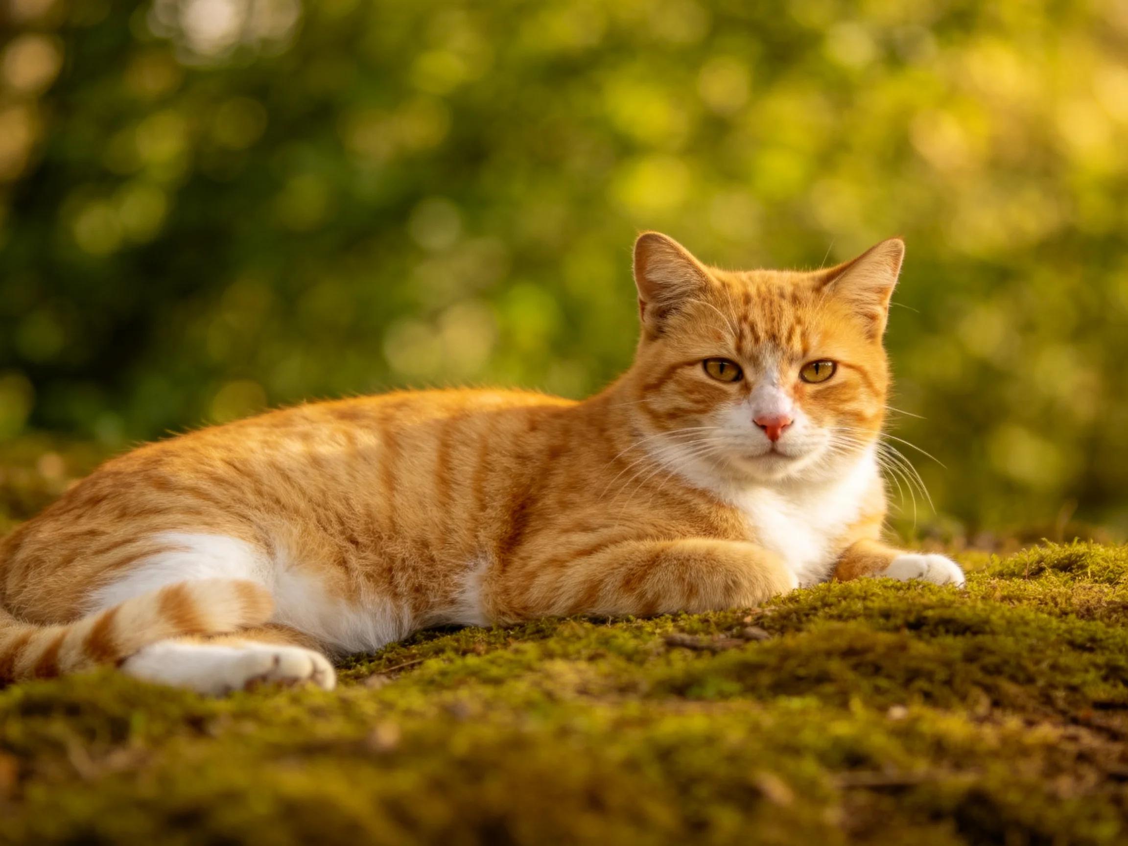 An orange and white cat rests on mossy ground amid lush green foliage