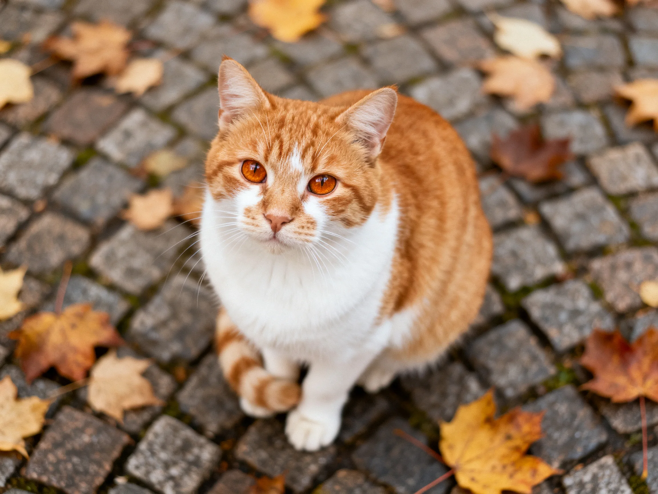 An orange and white cat rests on cobblestones surrounded by autumn leaves.