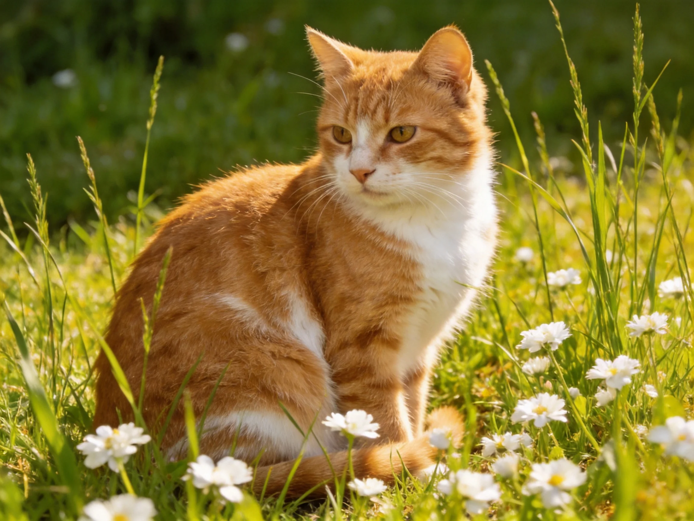 An orange and white cat rests in a sunlit field of tall green grass and small white flowers.