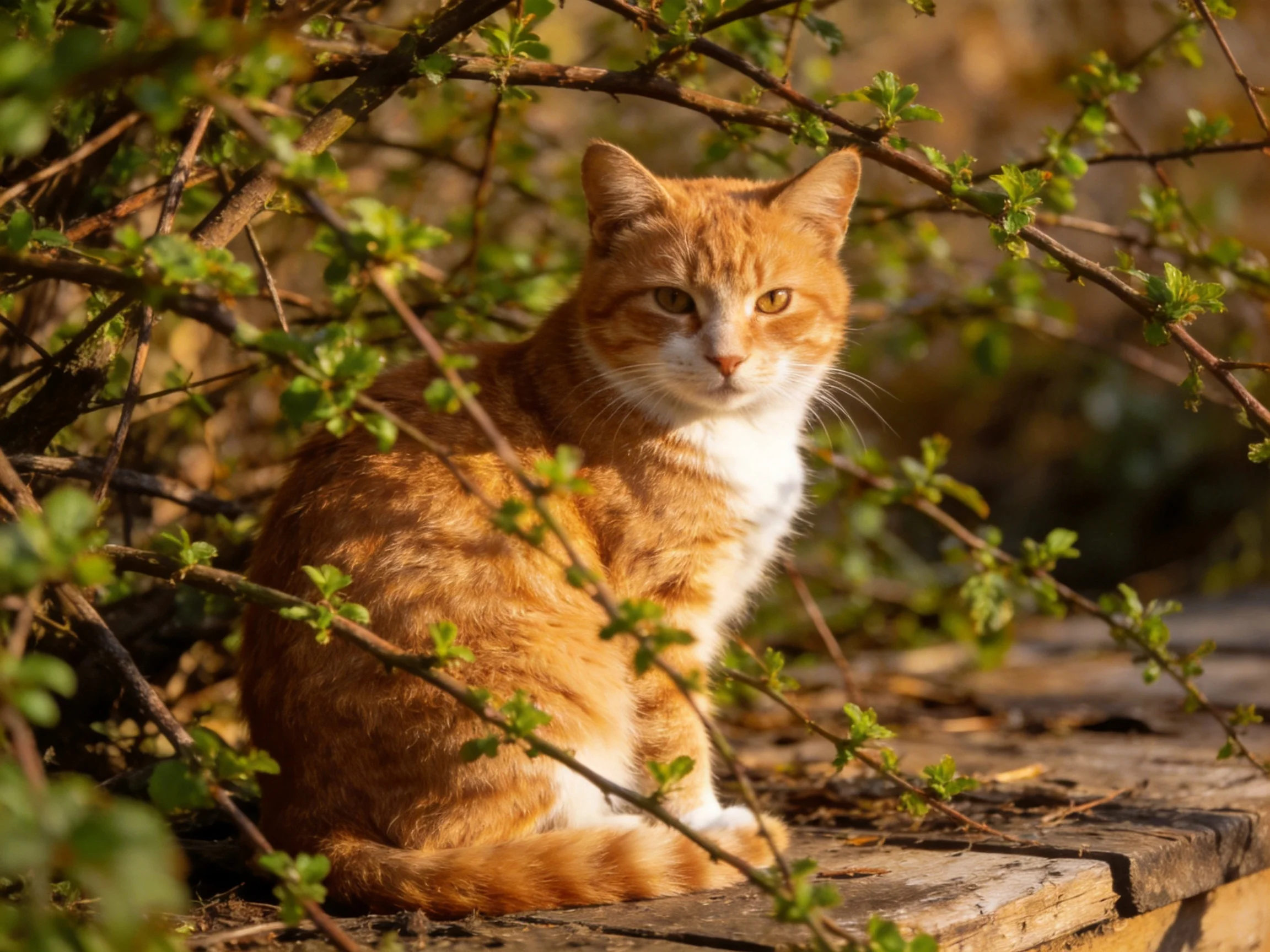 An orange and white cat rests near green foliage on a wooden structure.
