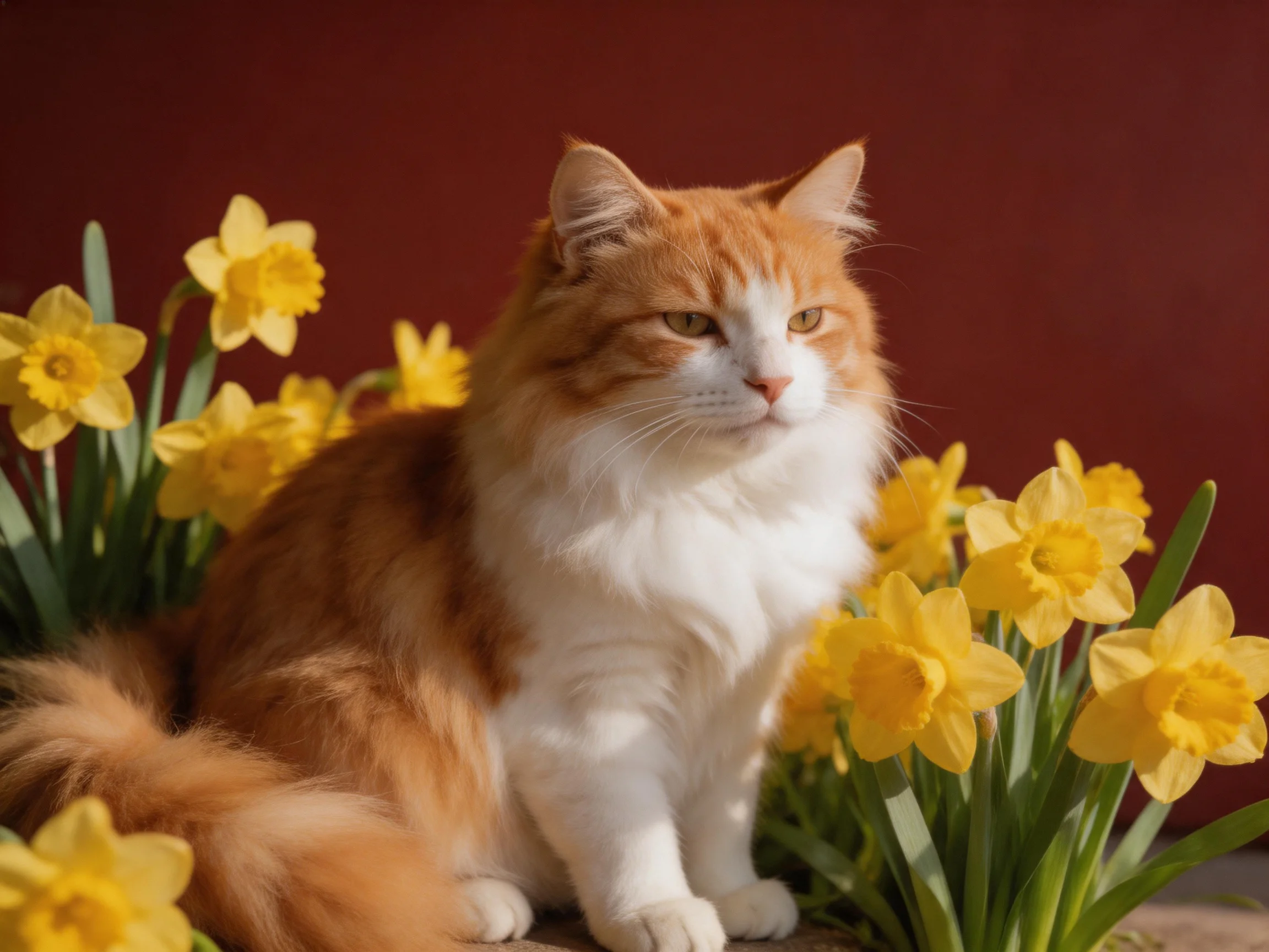 An orange and white cat rests near bright yellow daffodils with a red wall behind