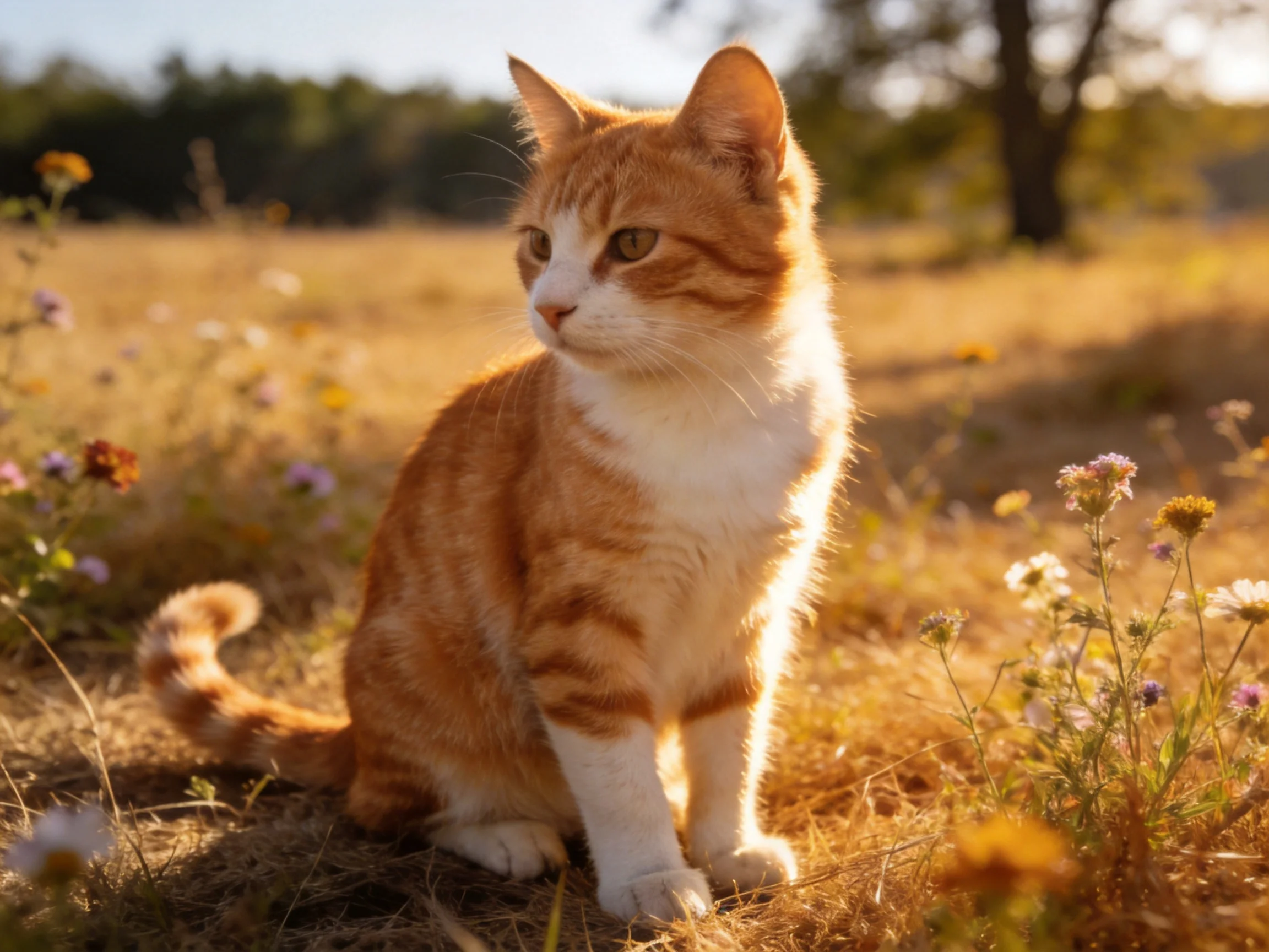 An orange and white cat sits among wildflowers in a sunlit field.