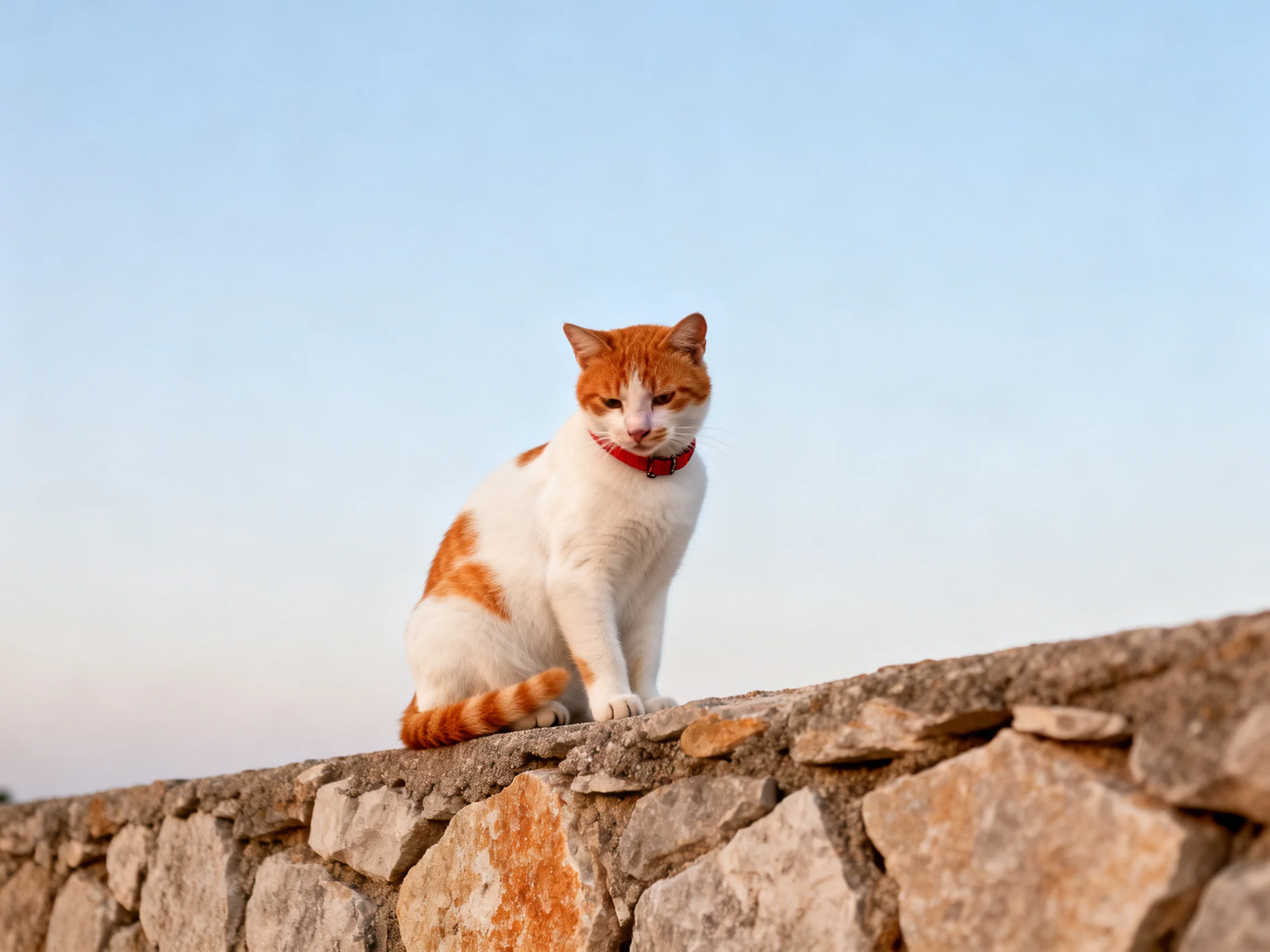 An orange and white cat rests on a stone wall beneath a clear blue sky.