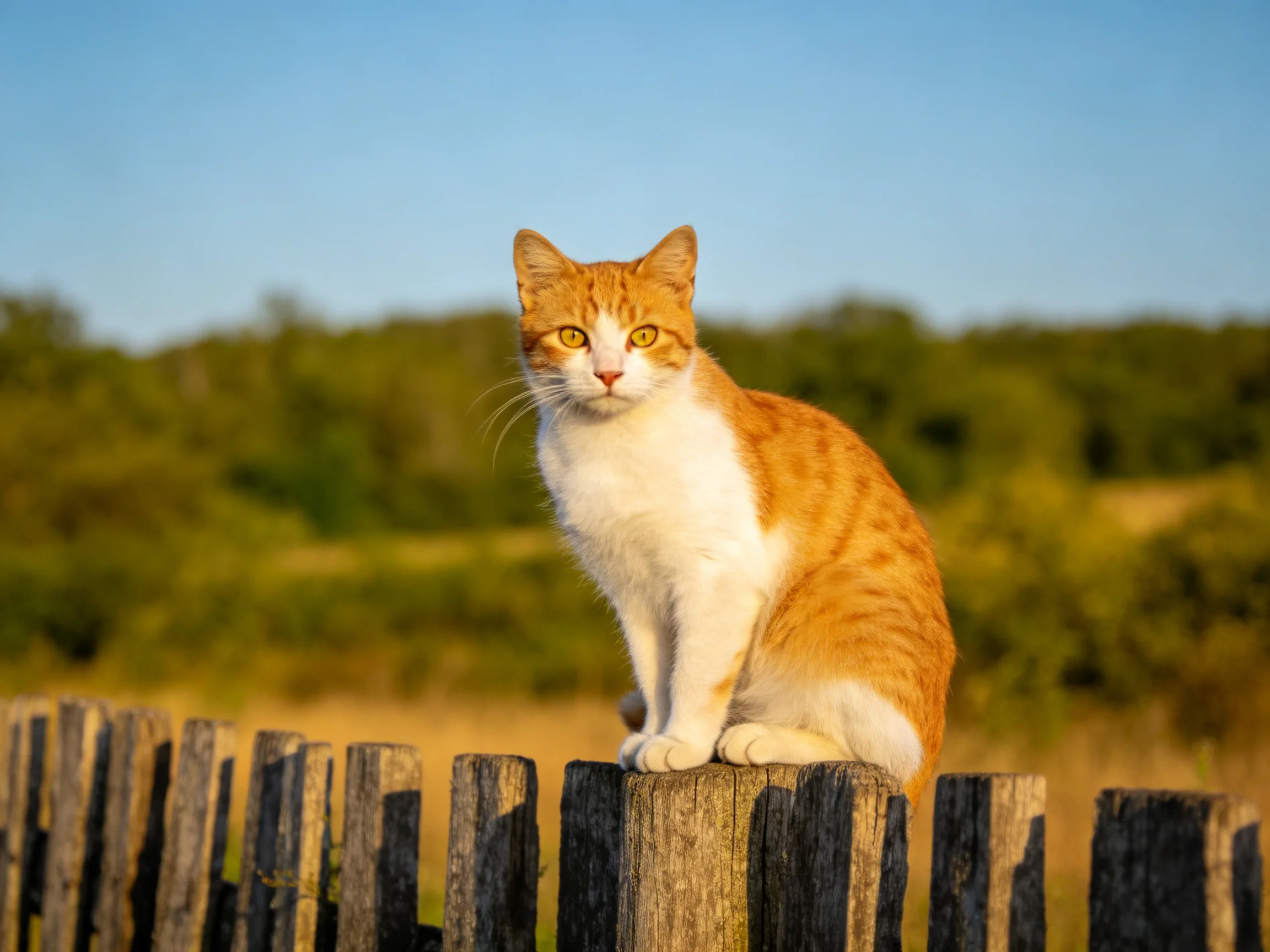 An orange-and-white cat sits atop a wooden fence in a sunlit outdoor area.
