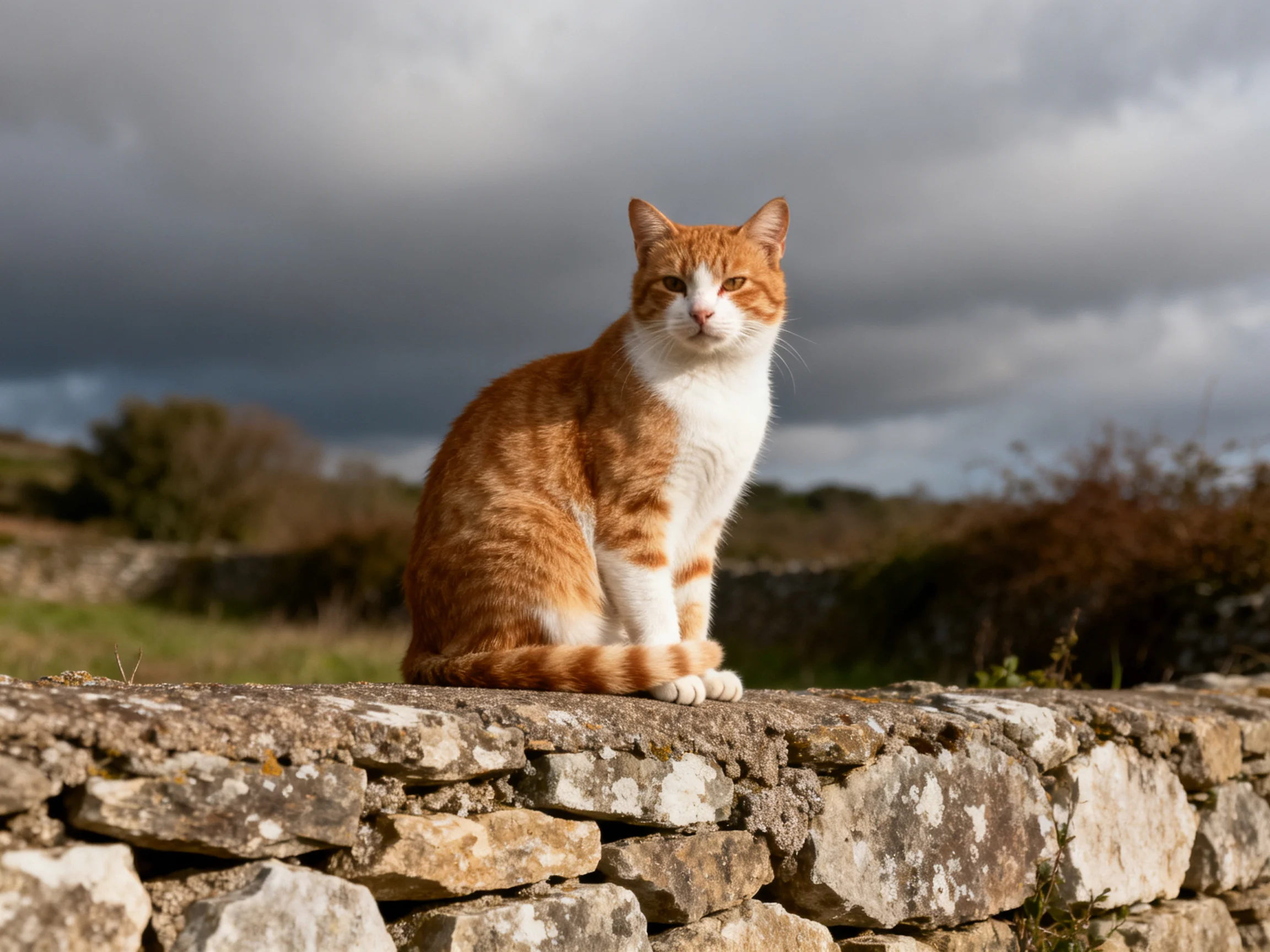 An orange and white cat rests on a weathered stone wall amid a moody landscape.
