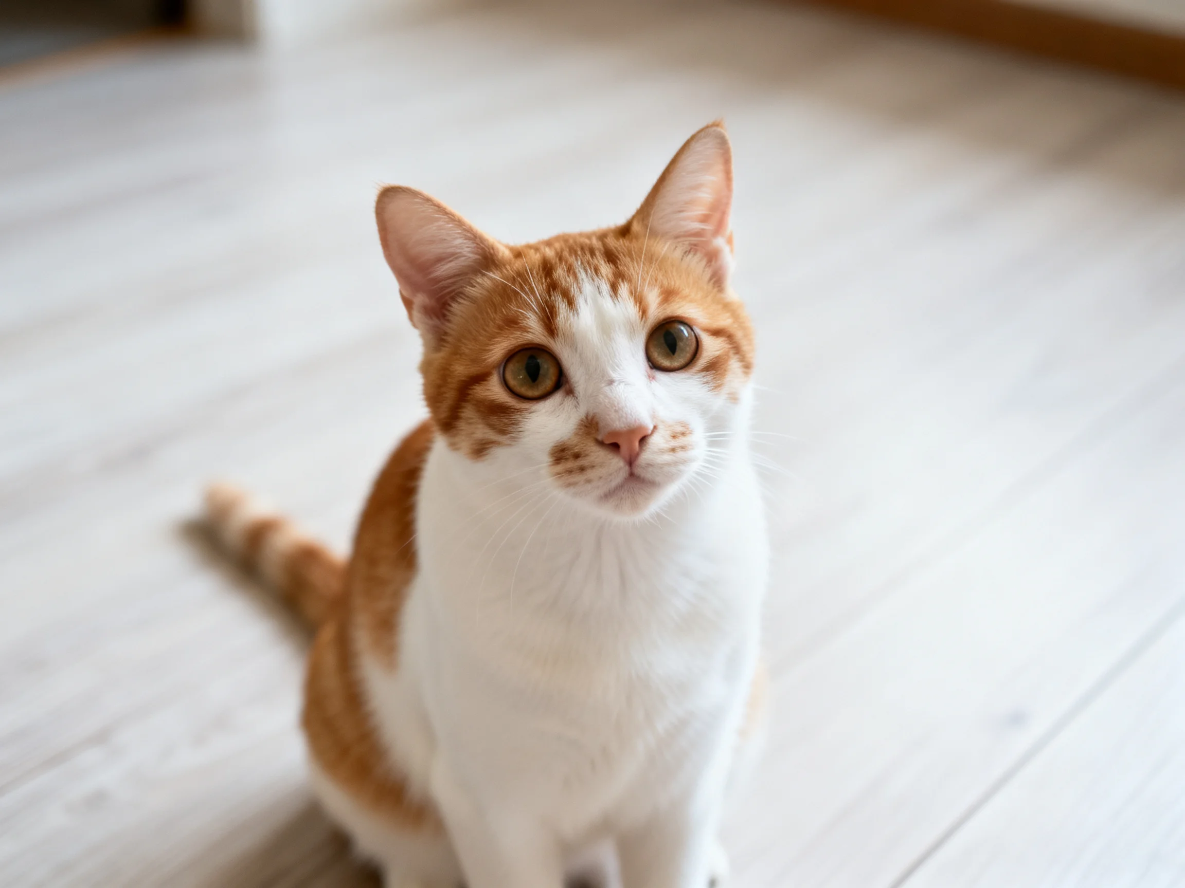 An orange and white cat sits attentively on a light wooden floor