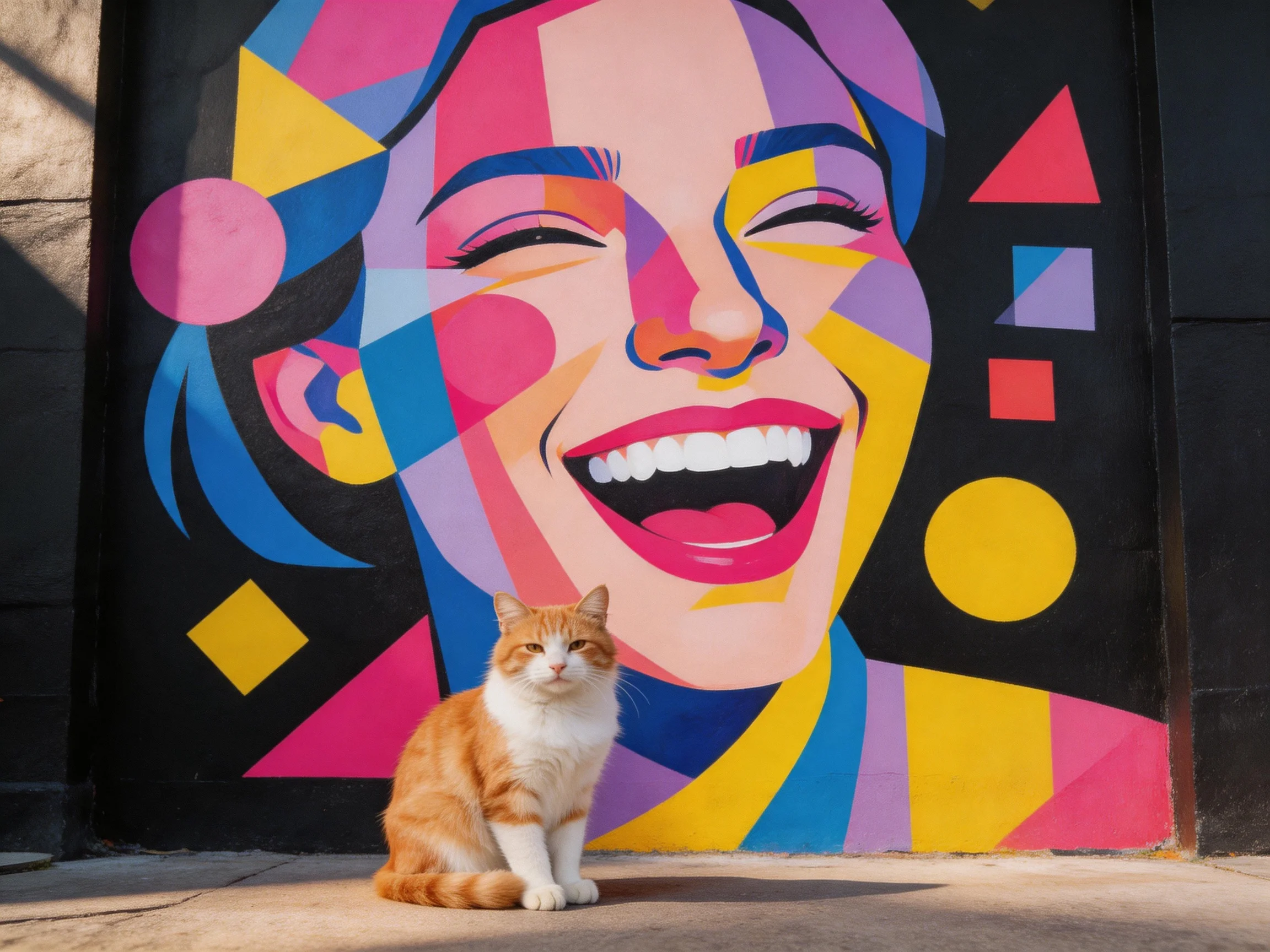 An orange-and-white cat sits before a colorful geometric mural