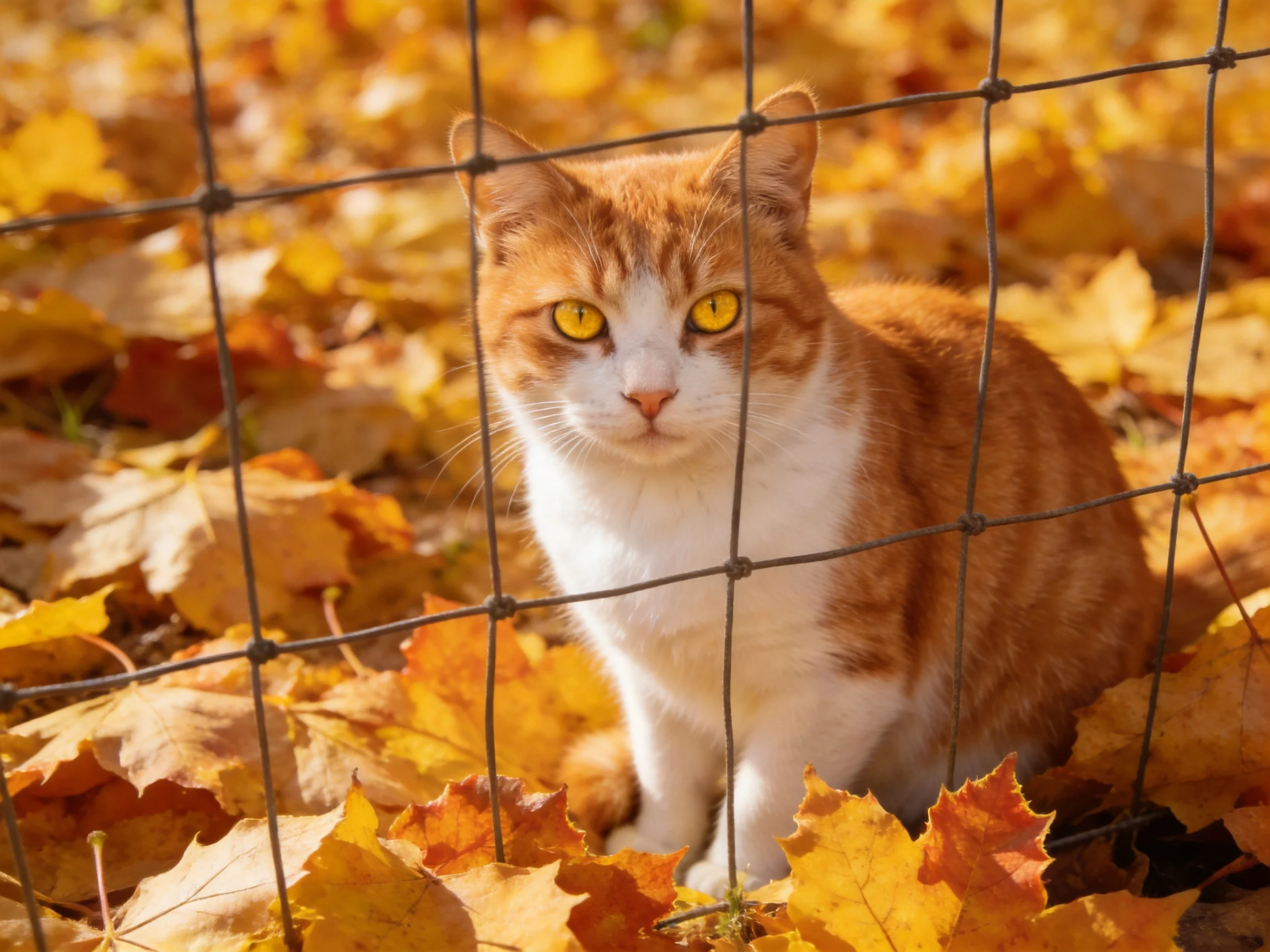 An orange and white cat sits behind a wire fence amid golden autumn leaves