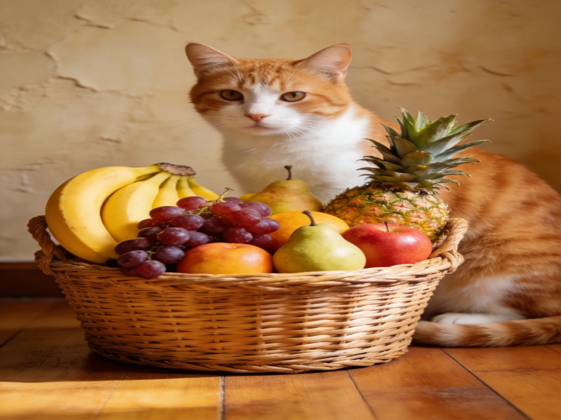 An orange and white cat sits beside a basket of assorted fruits