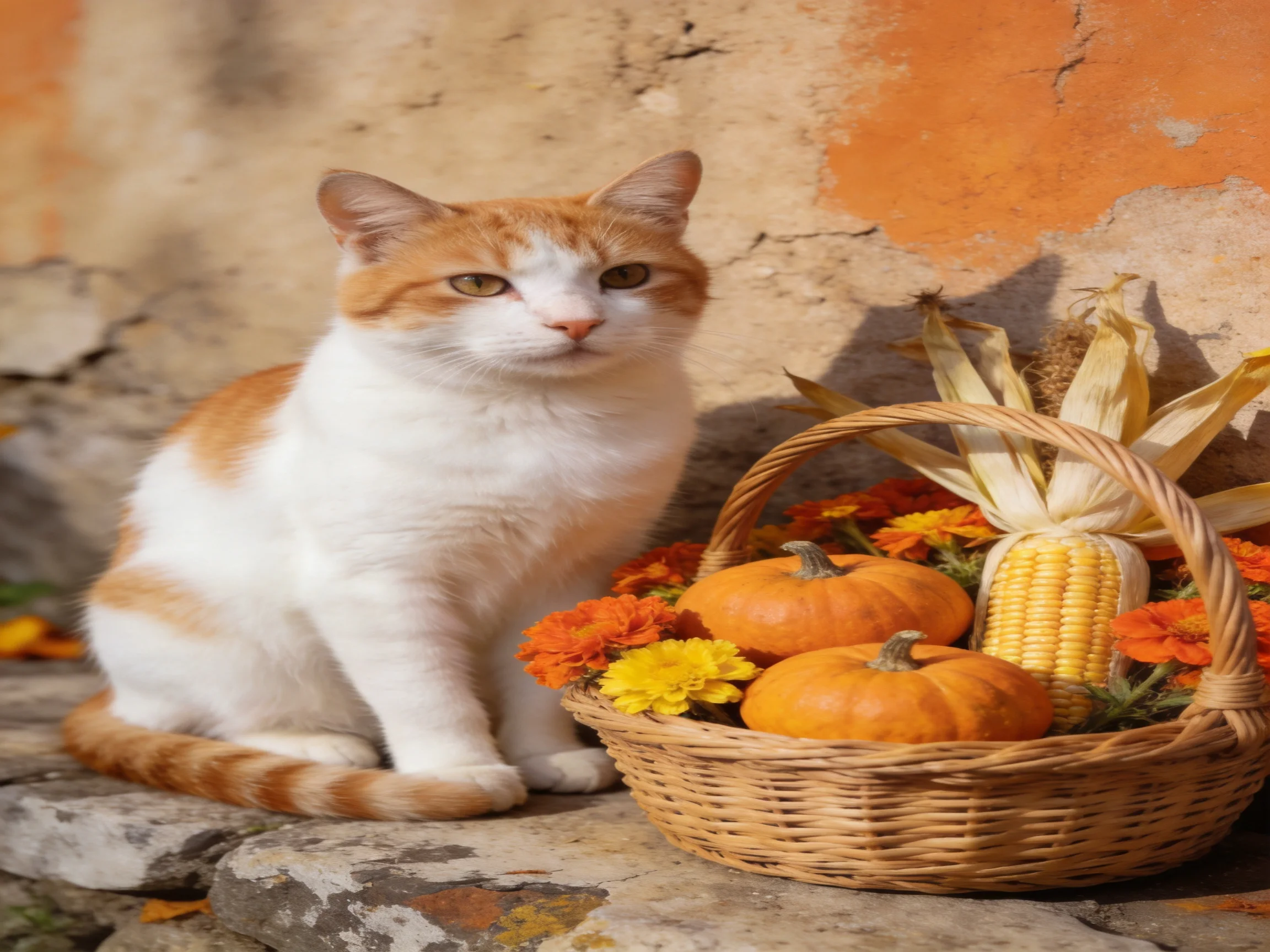 An orange and white cat sits beside a basket of pumpkins, corn, and marigold flowers near a weathered