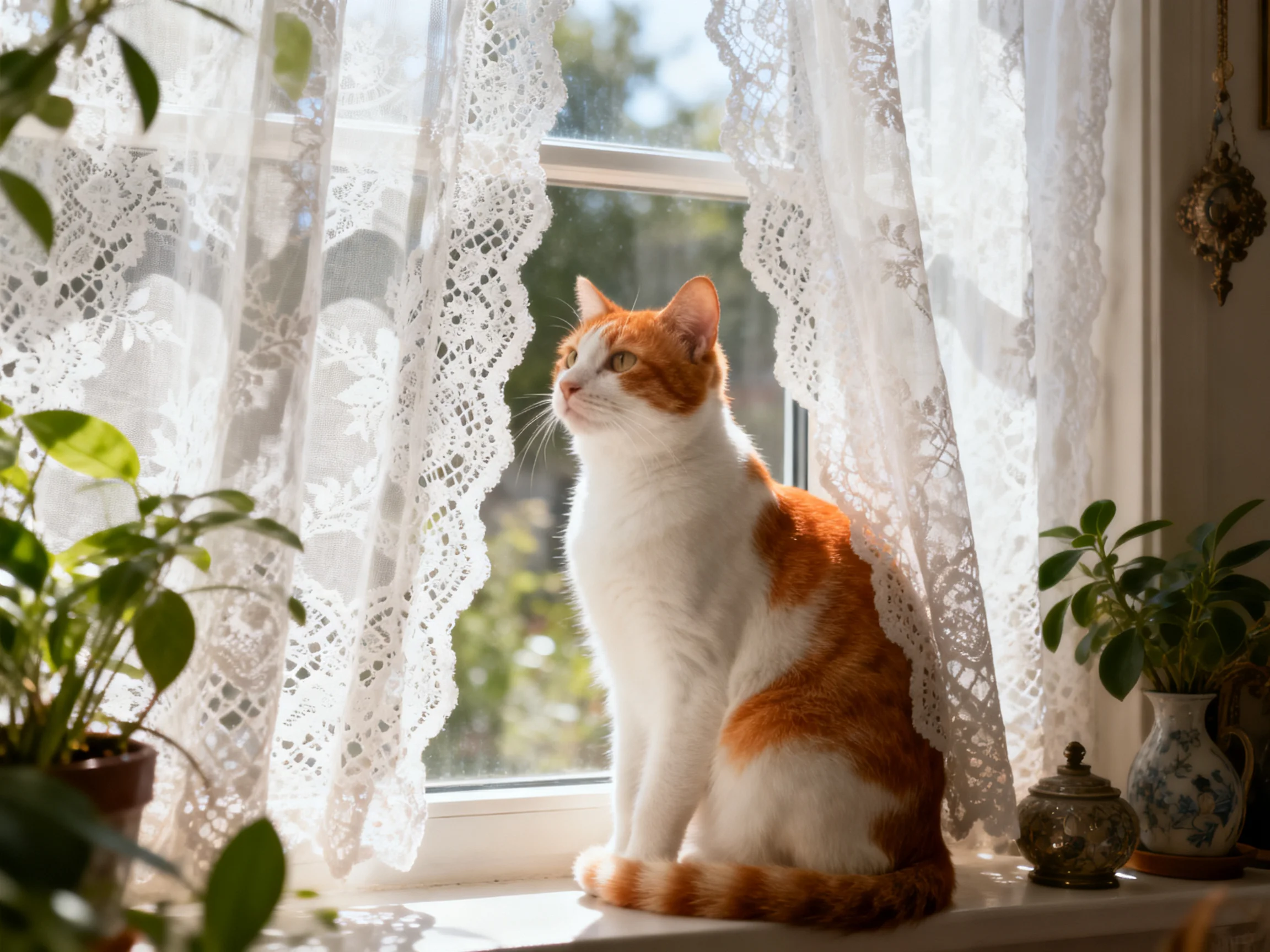 An orange-and-white cat sits by a sunlit window with lace curtains.