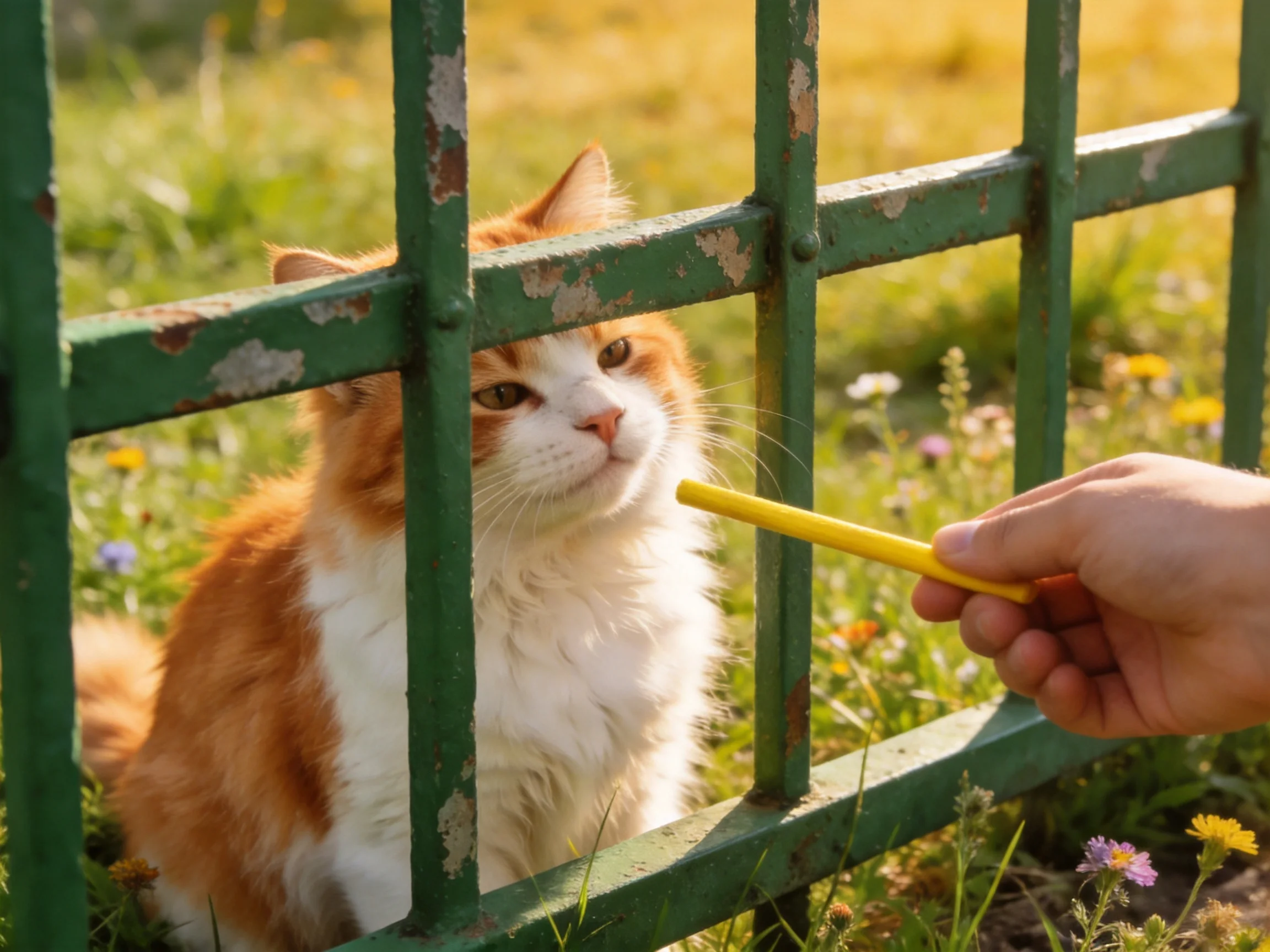 An orange-and-white cat sits by a weathered green fence with a hand holding a yellow stick