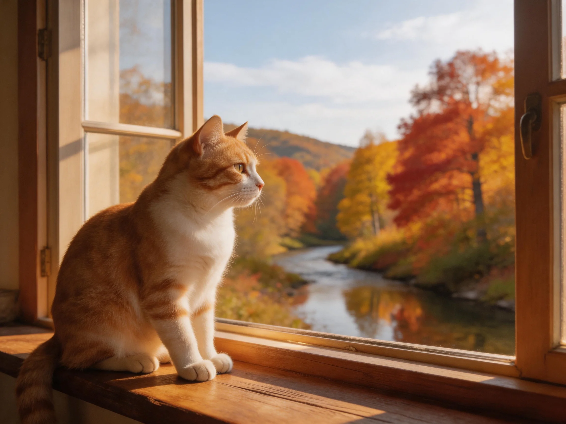An orange-and-white cat sits by a window overlooking autumn trees and a stream