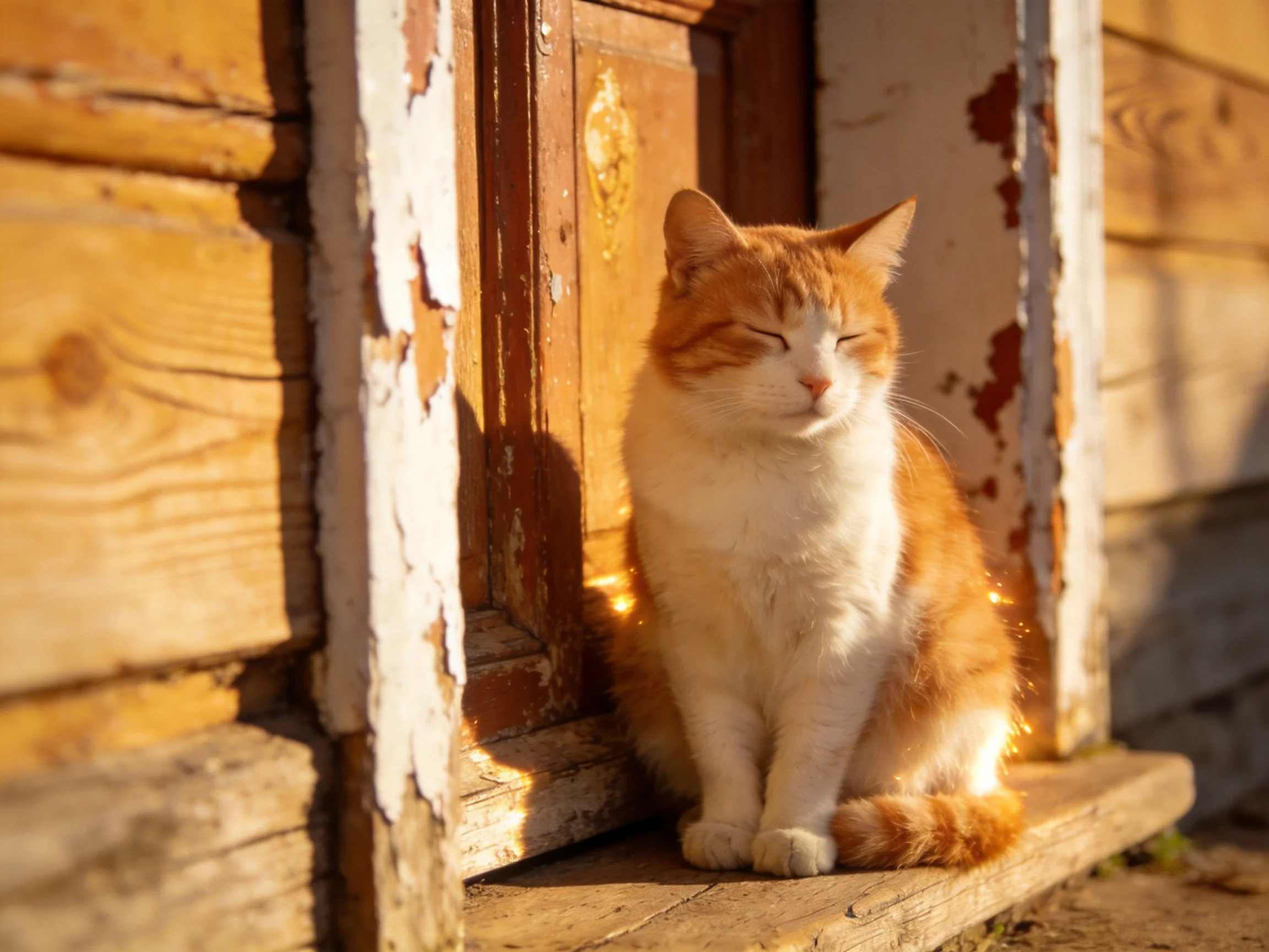 An orange and white cat sits contentedly by a weathered wooden doorway