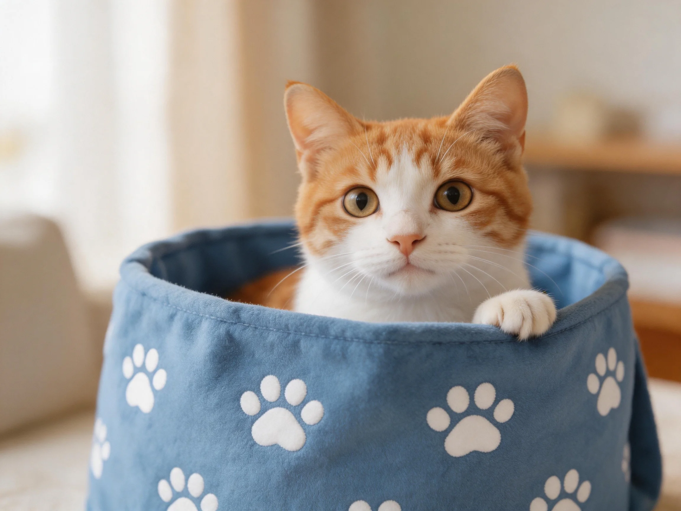 An orange and white cat peeks from a blue paw-print container indoors.