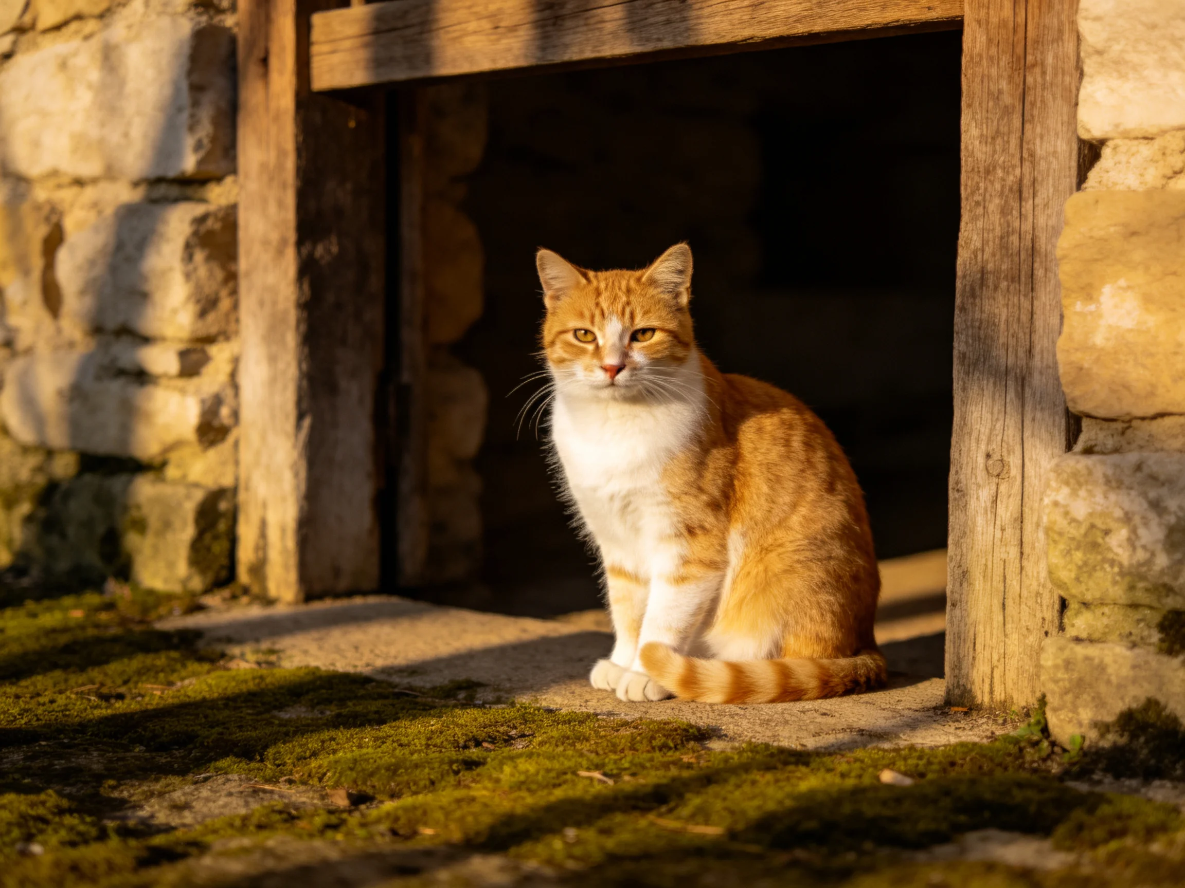 An orange and white cat sits in a rustic stone and wood doorway
