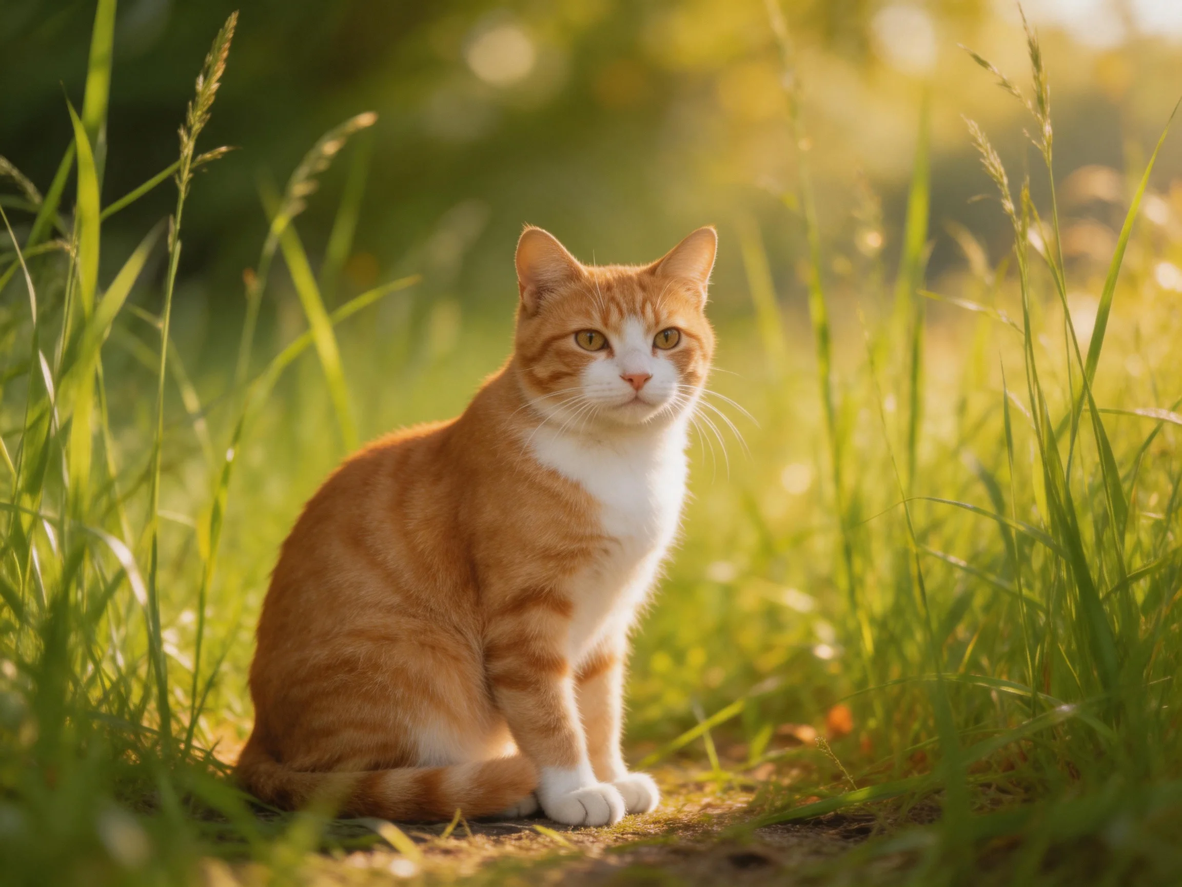 An orange-and-white cat sits calmly in tall grass during a sunny day.