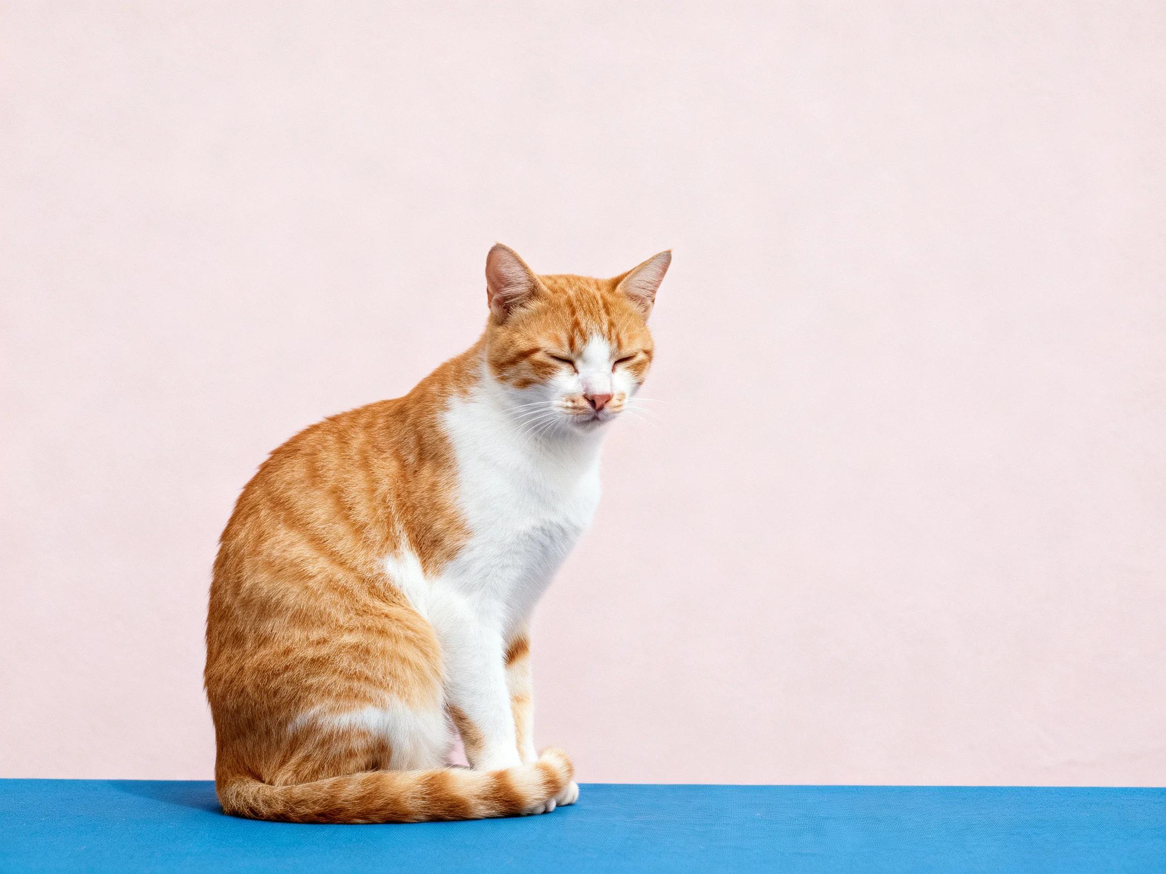 An orange and white cat sits calmly on a blue surface with a pink background