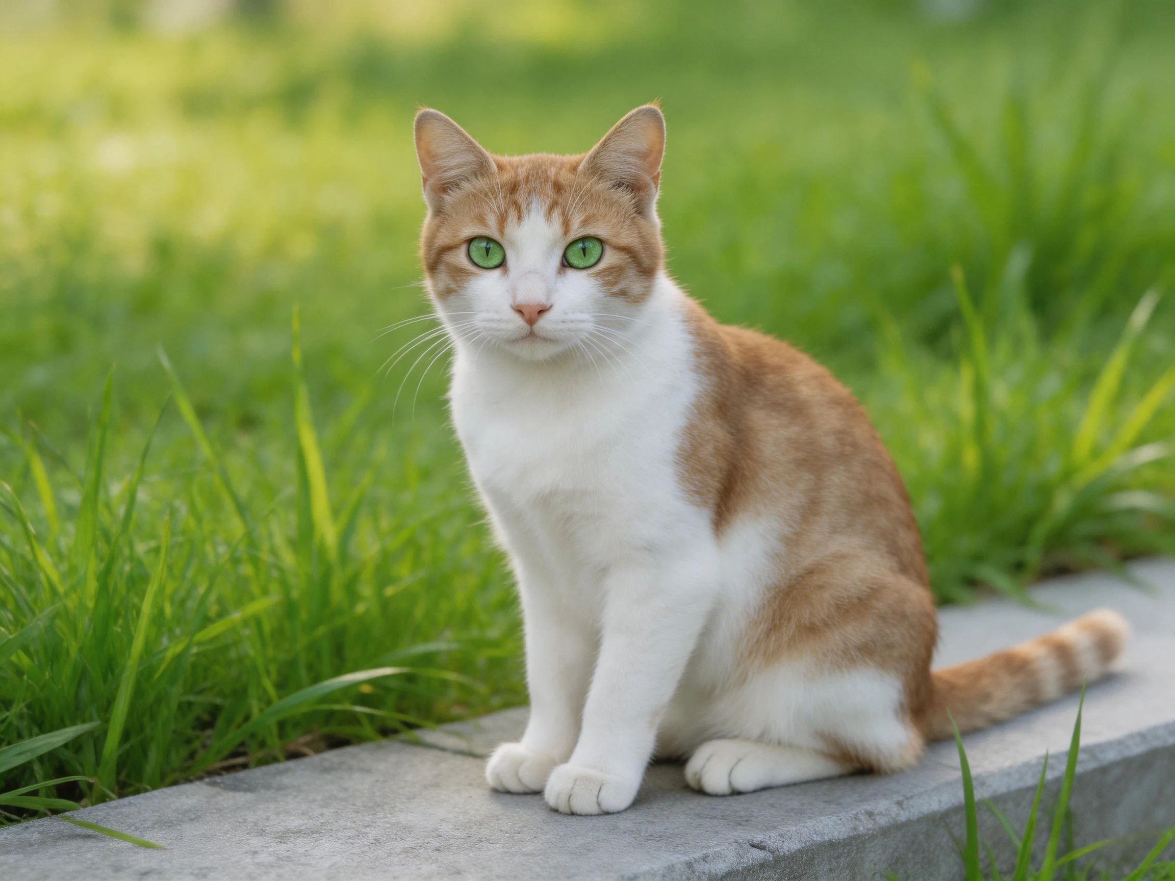 An orange and white cat sits on a concrete ledge near lush green grass