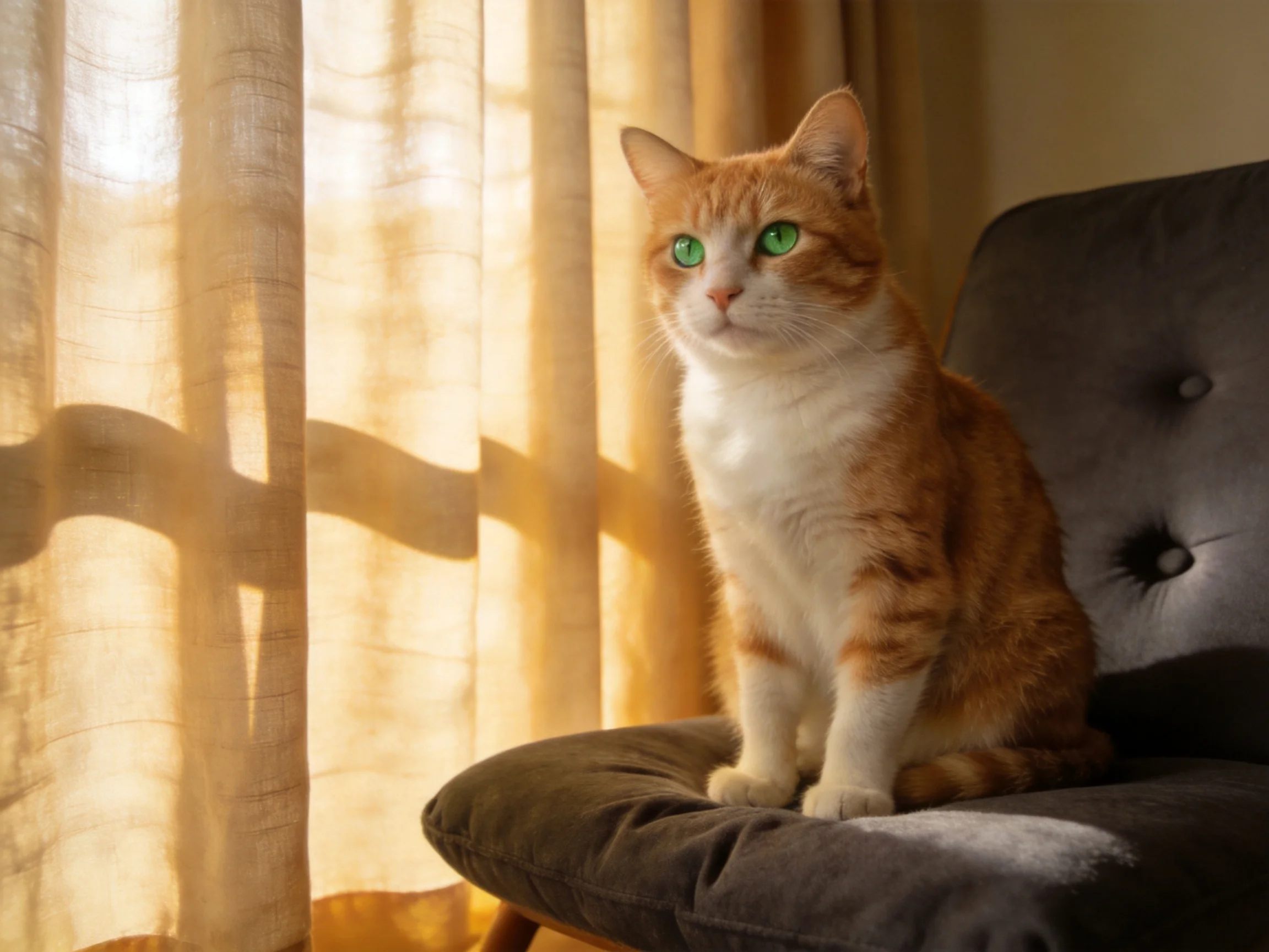 An orange and white cat sits on a dark upholstered chair near golden curtains