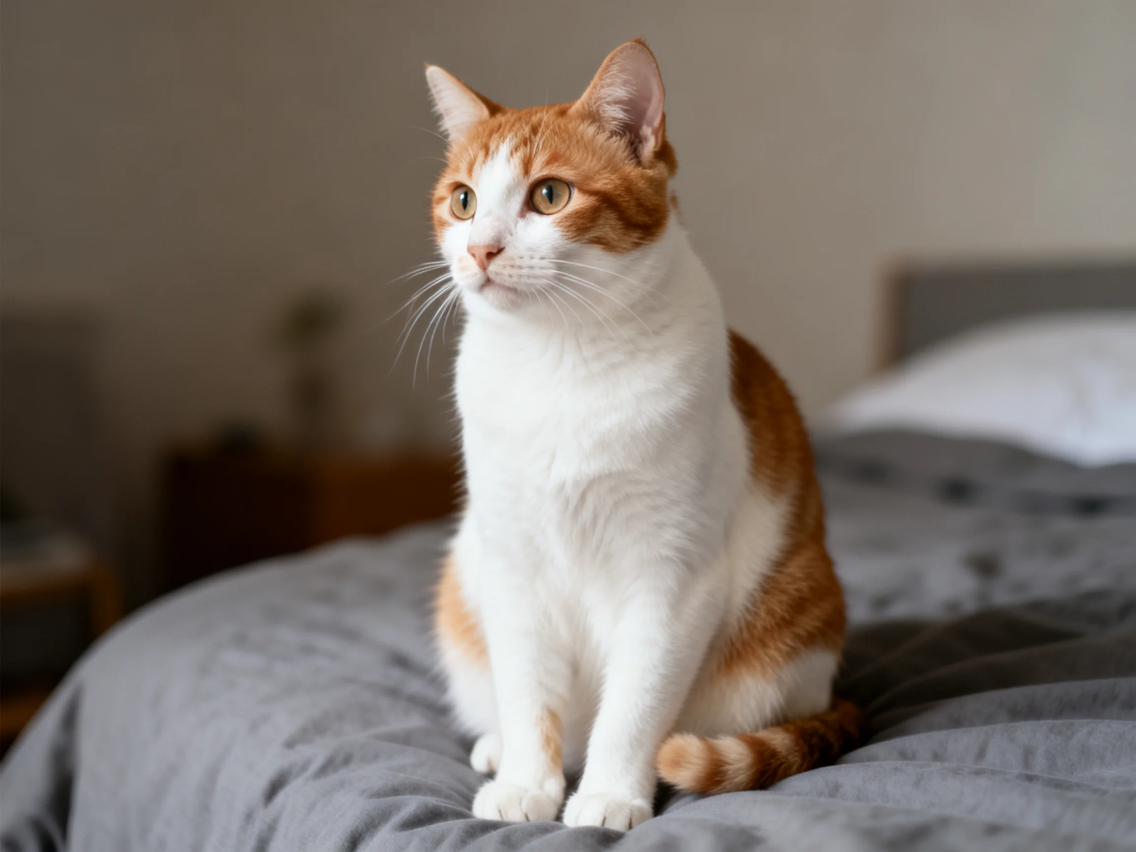 An orange and white cat sits on a gray bed in a softly lit bedroom