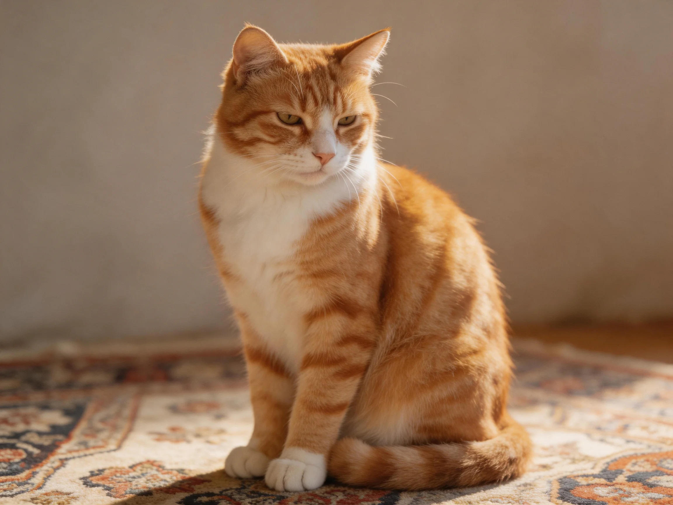 An orange and white cat sits on a patterned rug with warm lighting