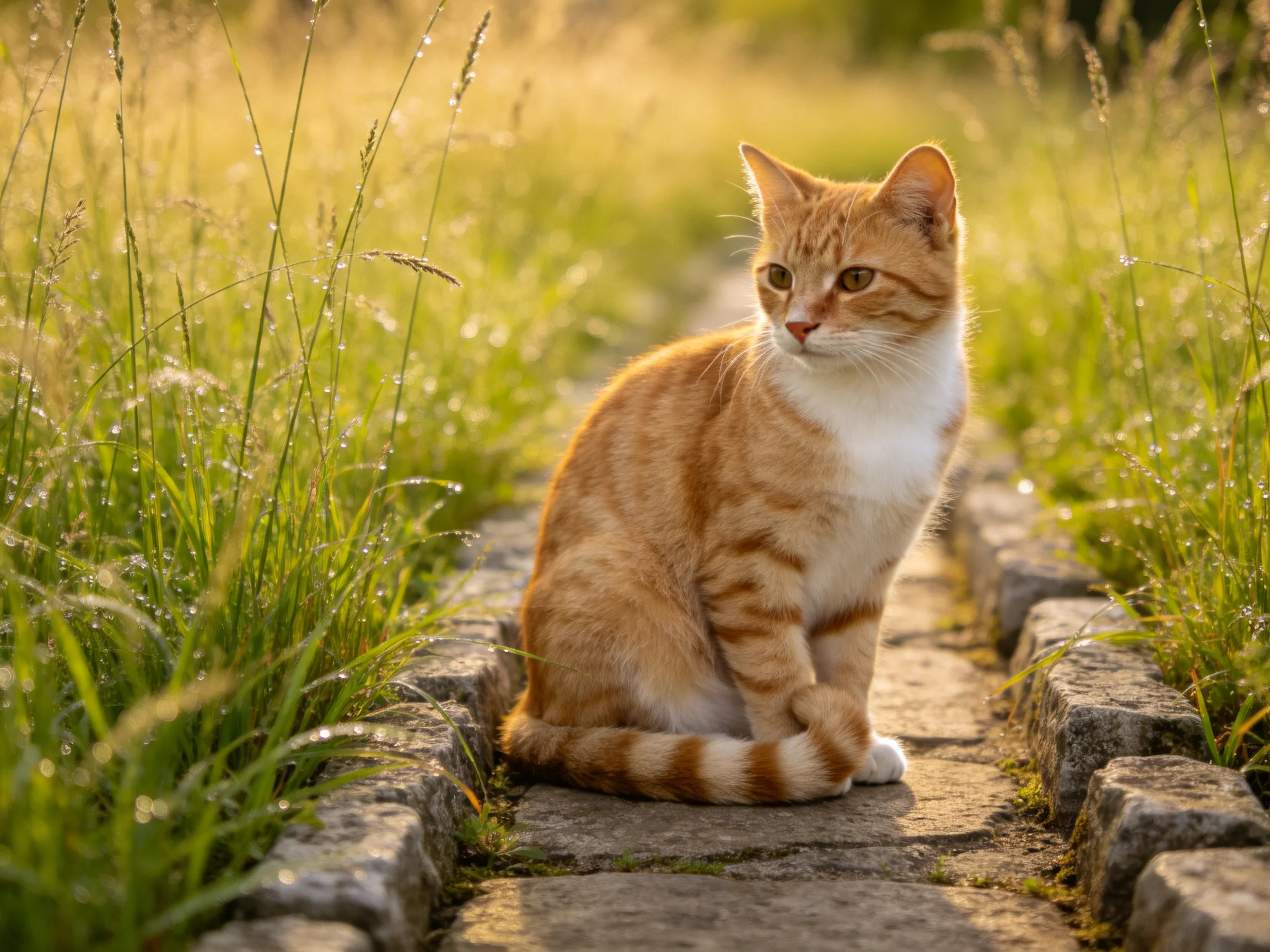 An orange and white cat sits on a stone path among tall green grass