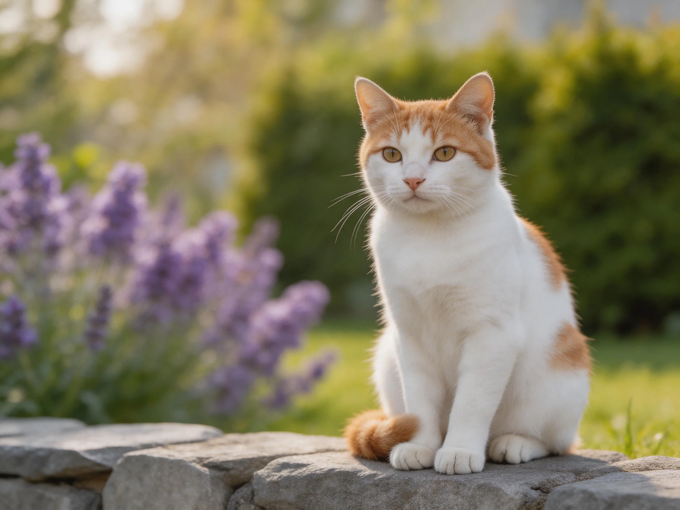 An orange and white cat sits on a stone wall near purple flowers