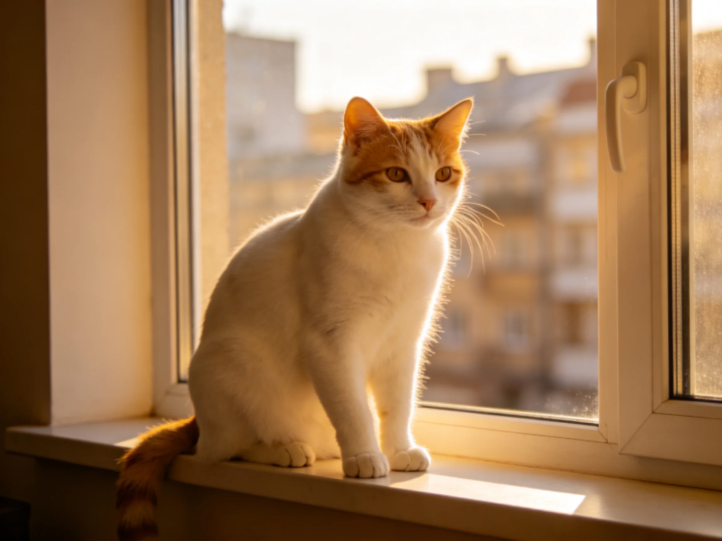 An orange and white cat relaxes on a sunlit windowsill with city buildings behind it.