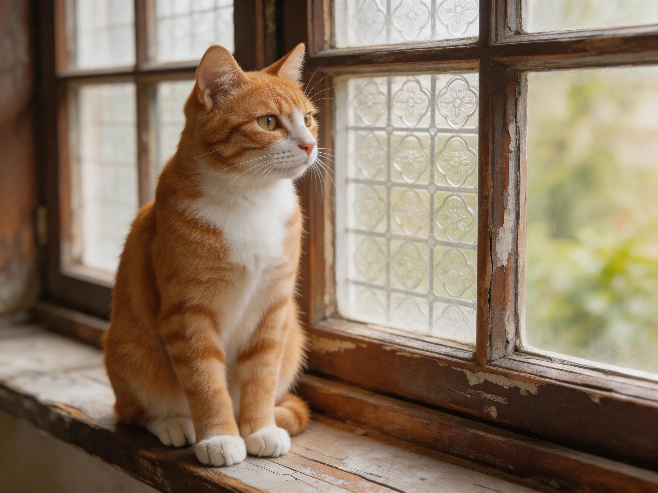 An orange and white cat sits on a windowsill next to an old glass-paneled window.