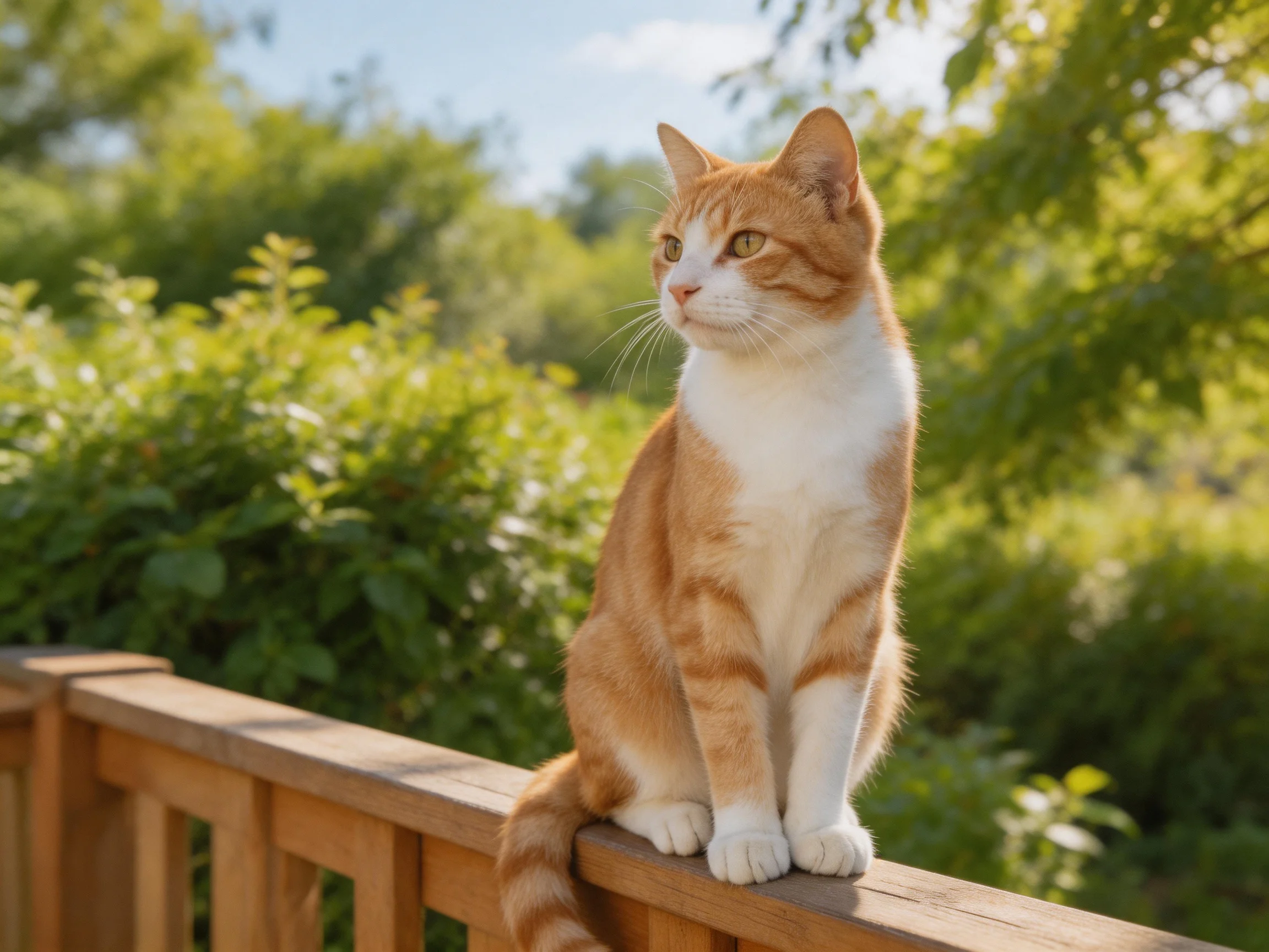 An orange and white cat perches on a wooden railing in a sunlit garden setting.