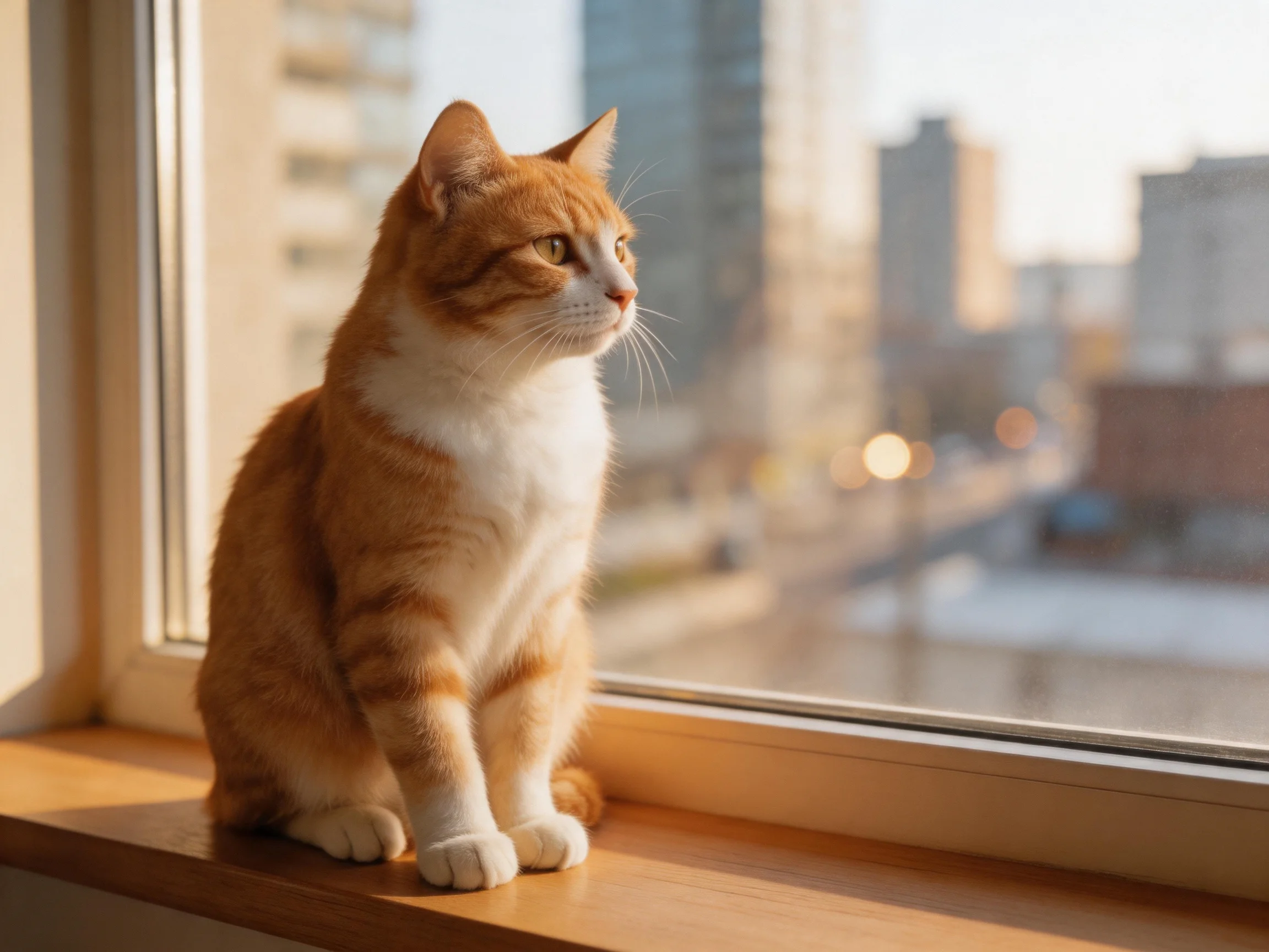 An orange and white cat sits on a windowsill looking out at city buildings.