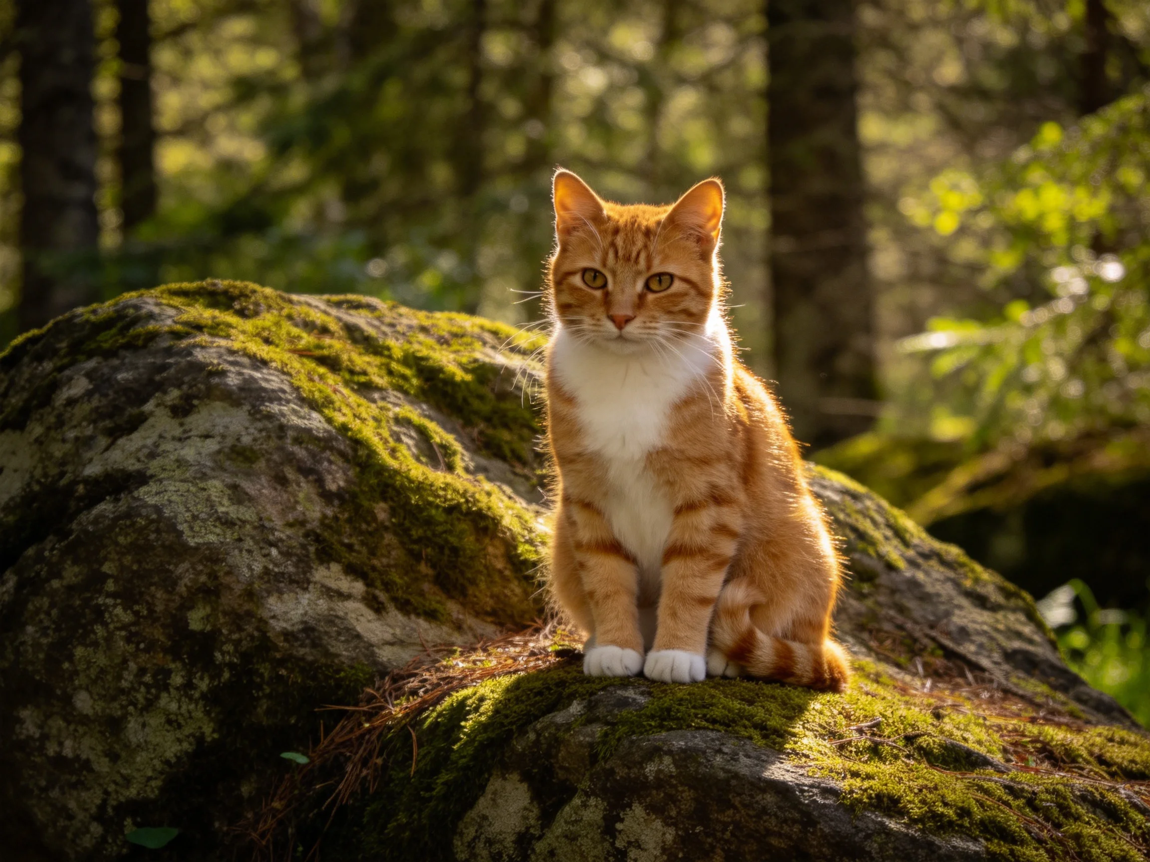 An orange and white cat sits on moss-covered rocks in a sunlit forest
