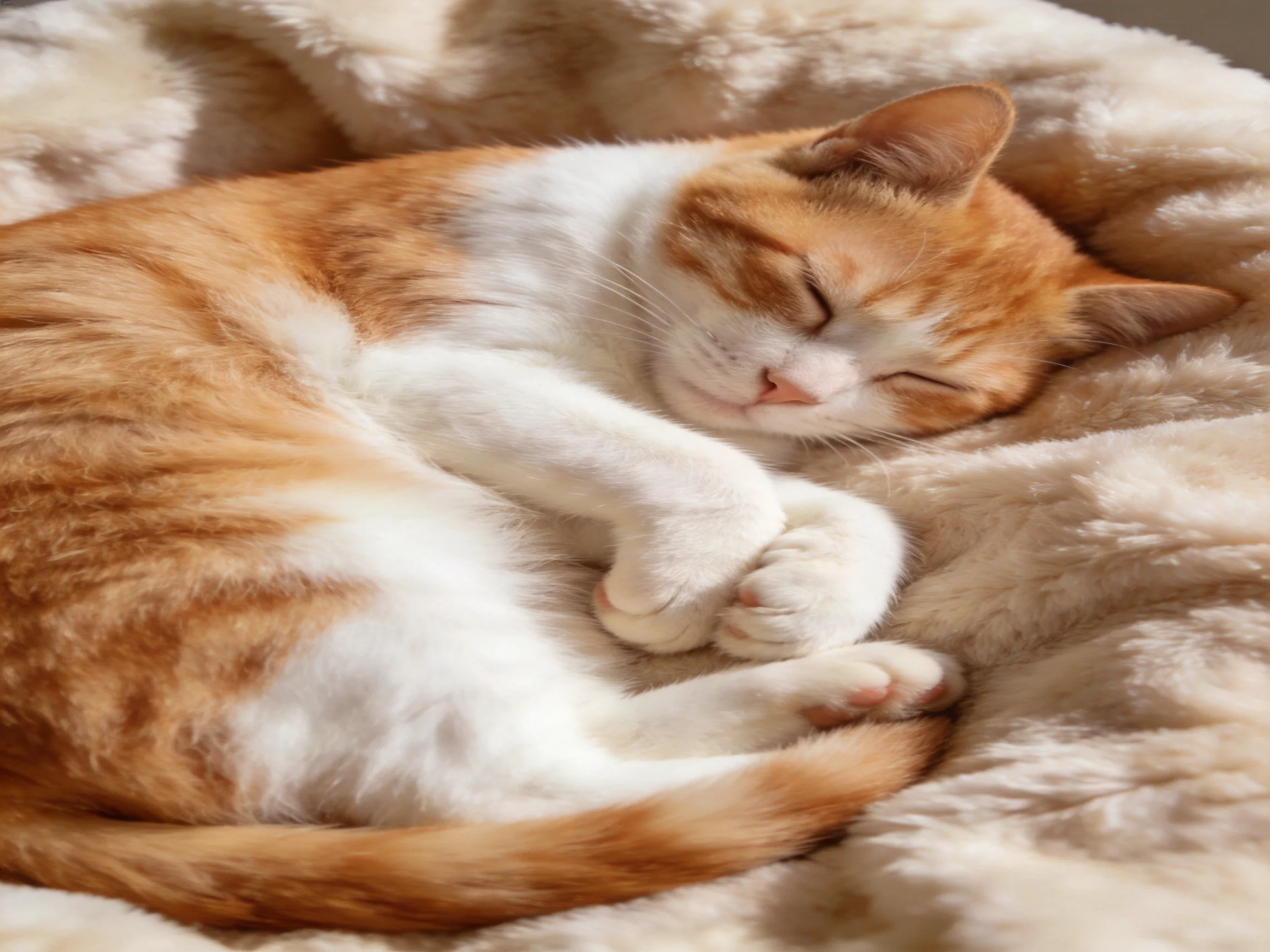 An orange and white cat sleeping on a soft beige blanket