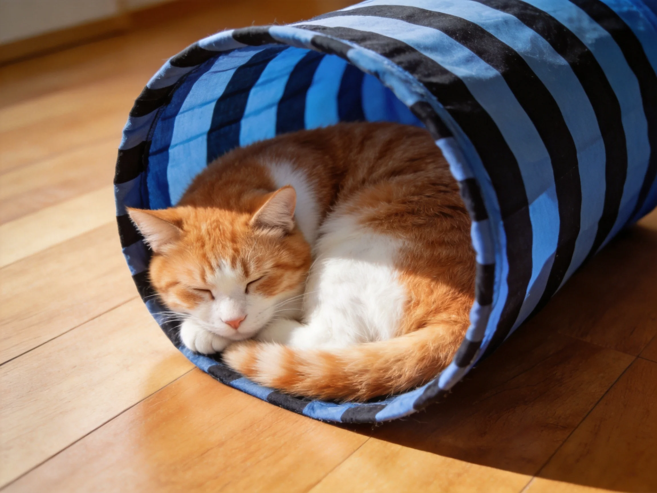 An orange and white cat rests inside a striped fabric tunnel.