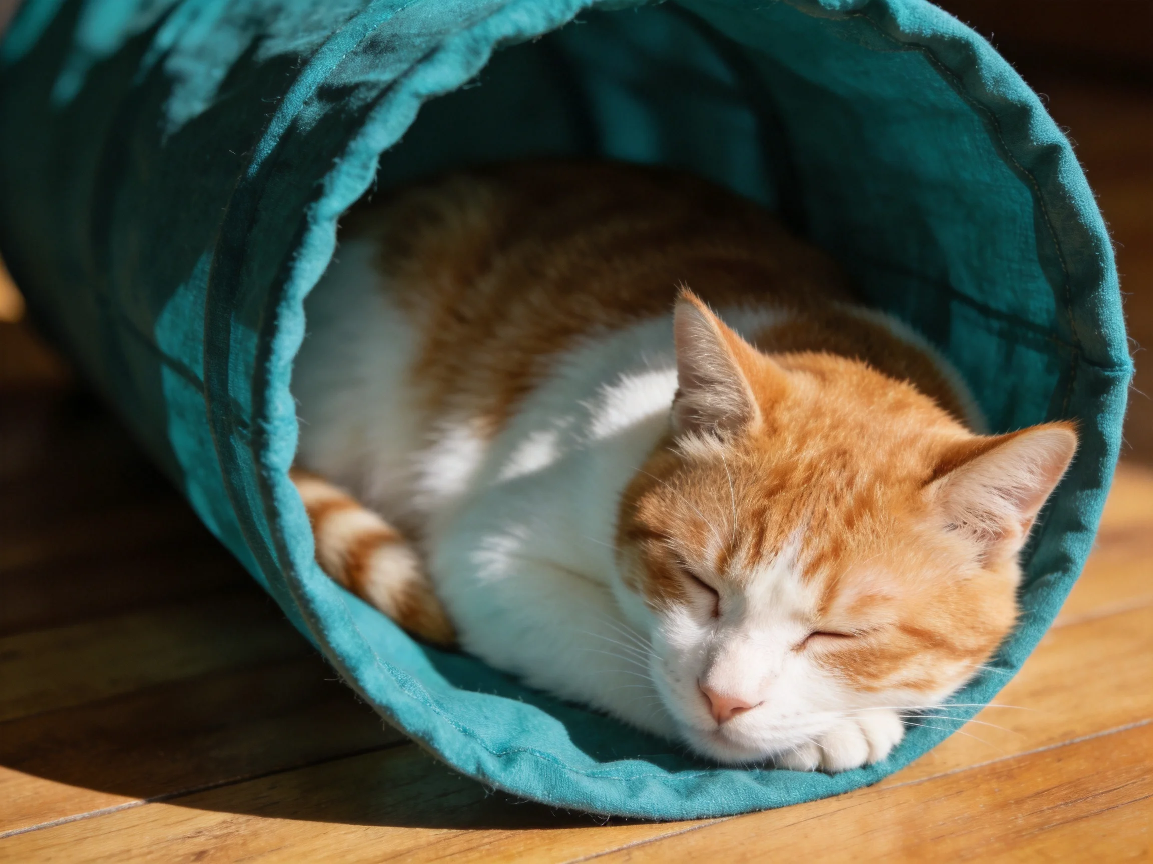 An orange and white cat sleeps inside a teal fabric tunnel.