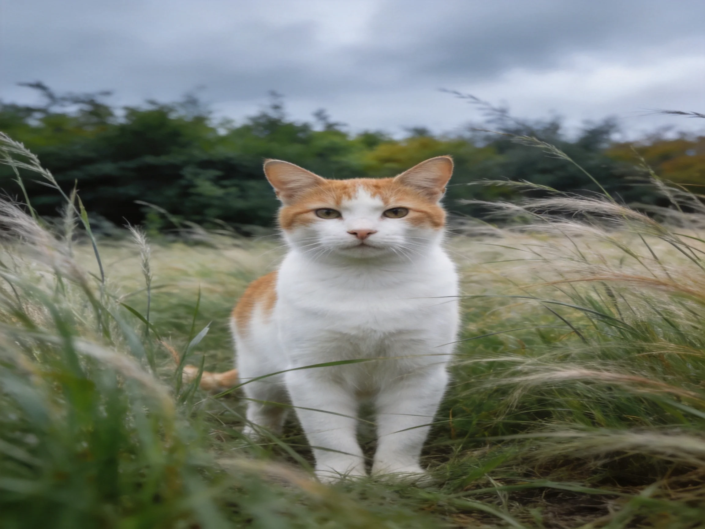 An orange-and-white cat stands in tall grass under a cloudy sky.