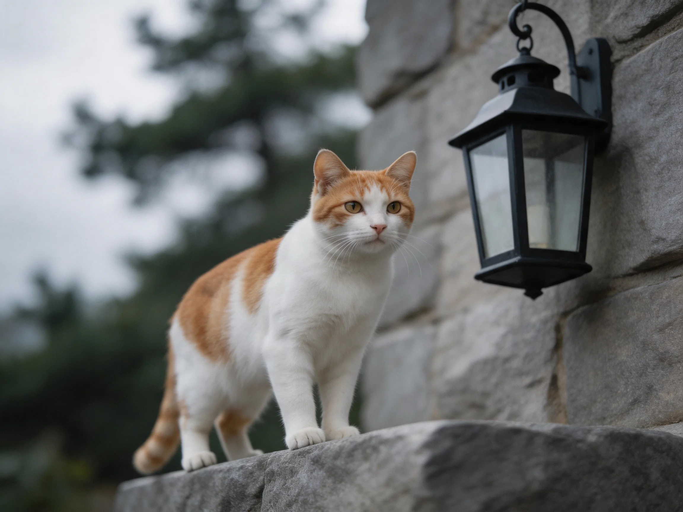 An orange and white cat stands near a black wall-mounted lantern on stone