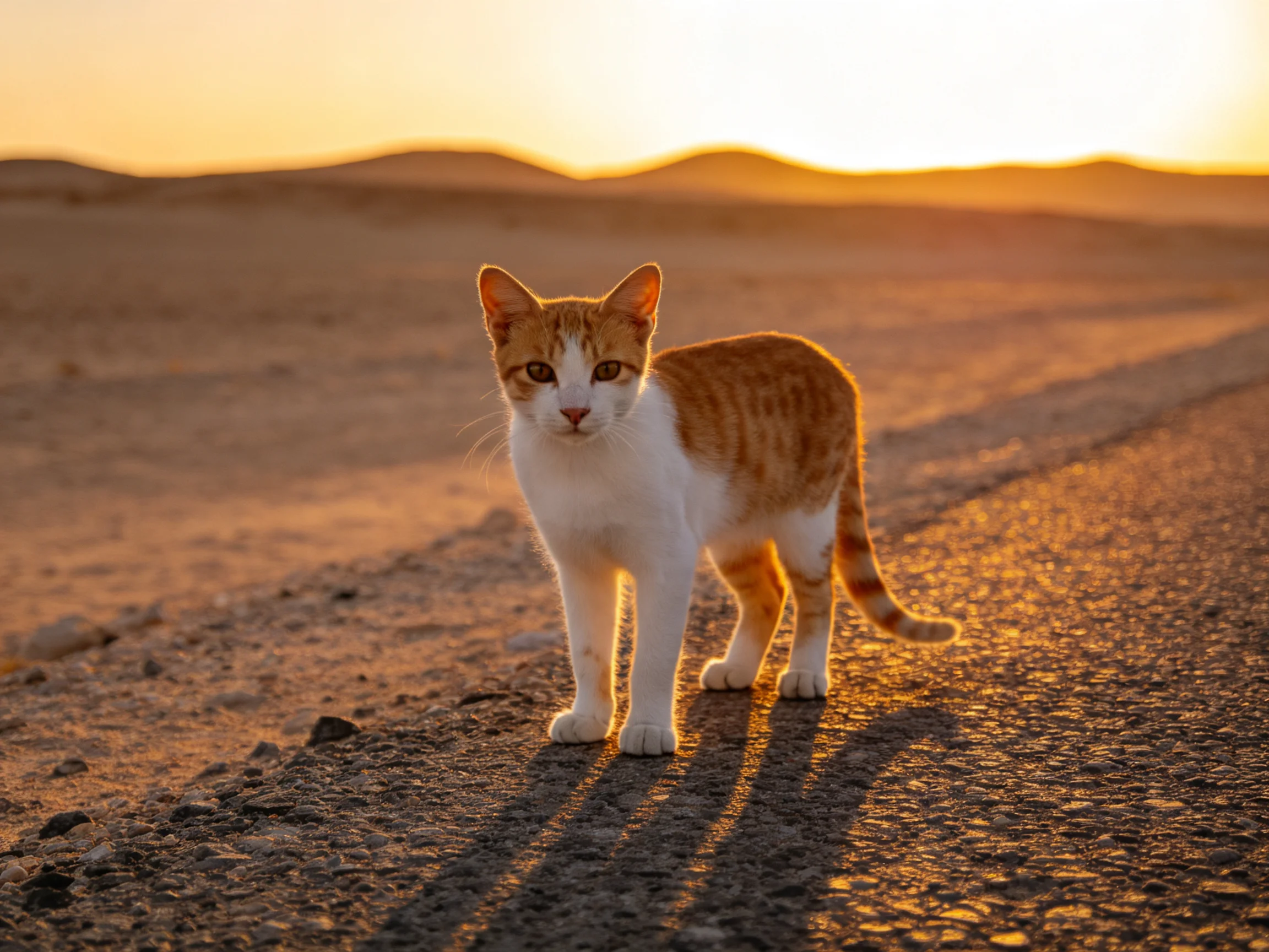 An orange-and-white cat stands alone on a sunlit desert road during sunset.