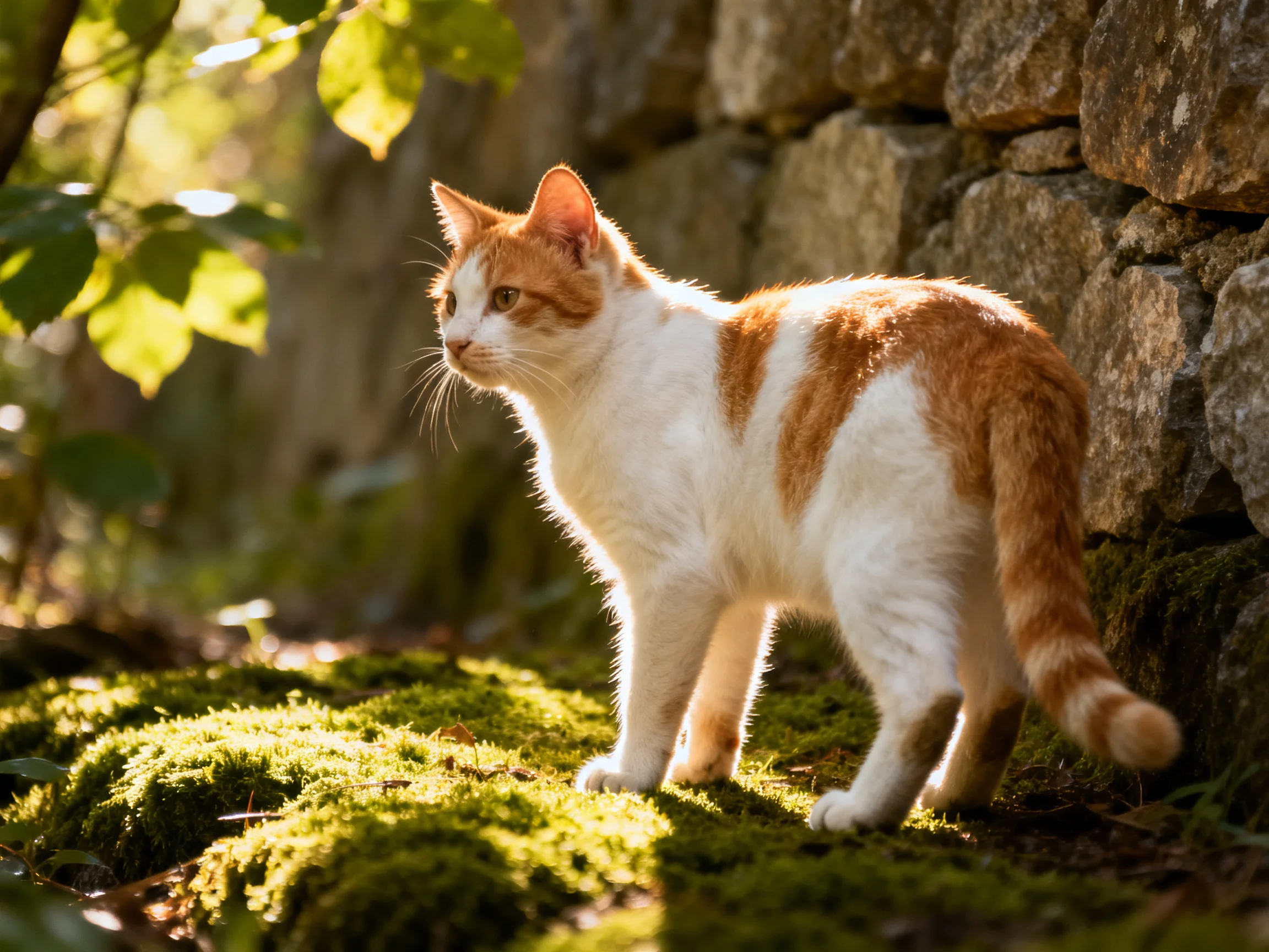 An orange and white cat explores a mossy area next to a stone wall under bright sunlight.